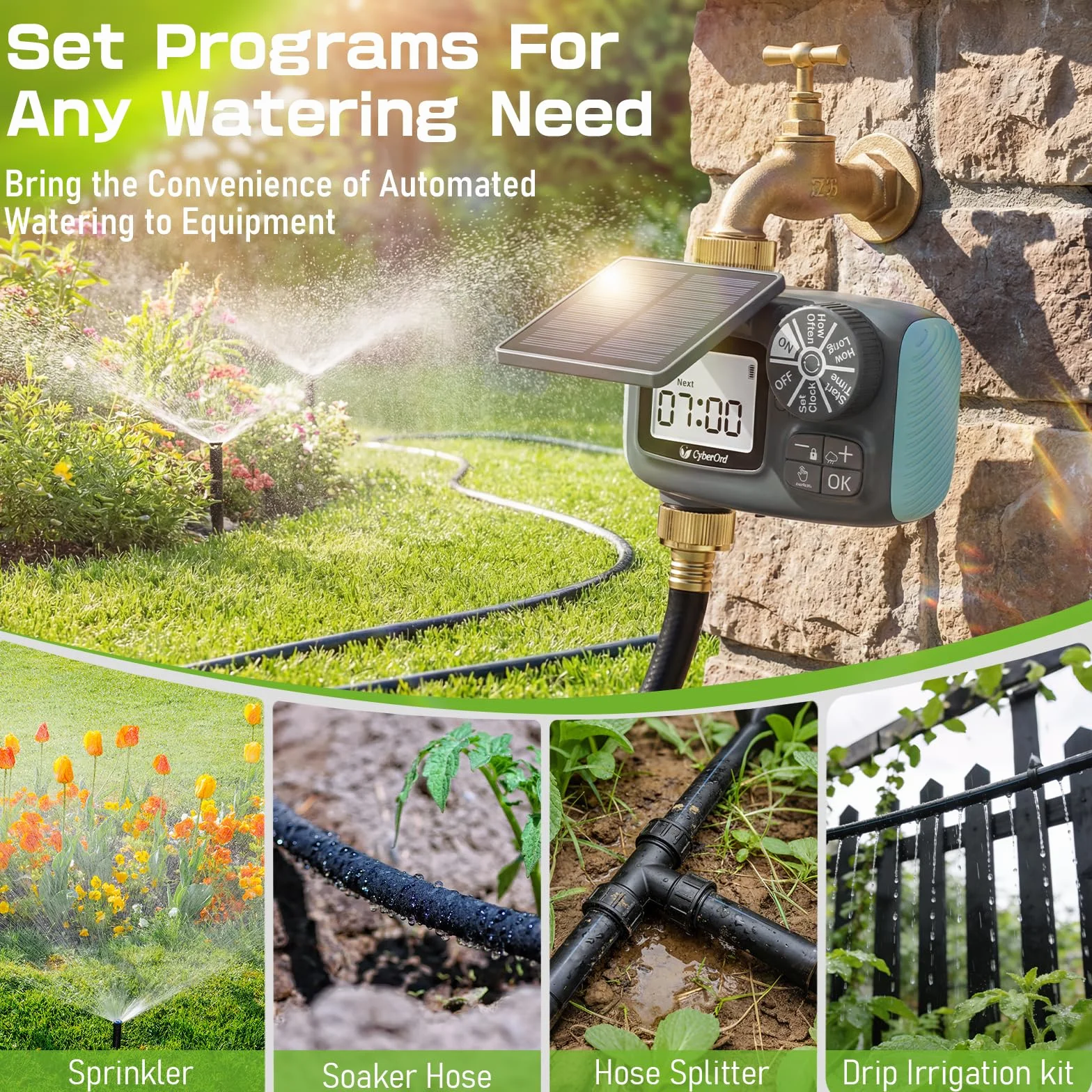 Programador Riego Solar, 3/4” Entrada de Latón Ecológico Temporizador Automático para Jardín Temporizador de Riego con Retraso por Lluvia/Riego Manual Control de Riego para Césped y Macetas