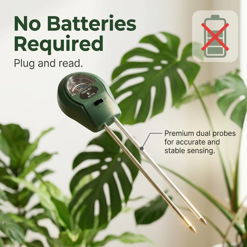 Medidor de pH del Suelo 3 en 1, Higrómetro de Suelo Medidor de Humedad del Suelo con pH Tester de Tierra sin Batería para Plantas Grandes de Interior y Exterior Flores Césped Jardinería