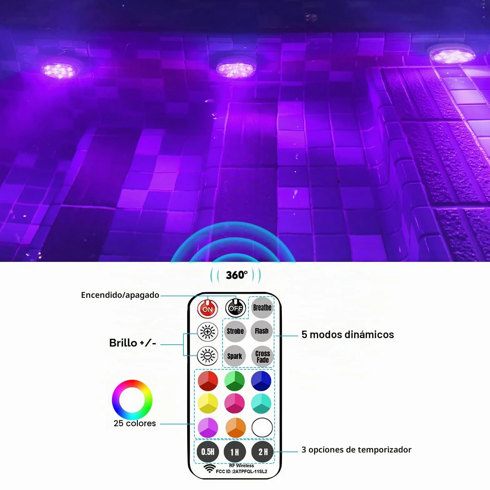Idealife Iluminación de piscina recargable con batería incorporada, luz subacuática con mando a distancia, imán RF, ventosas, luces LED impermeables para fiestas de jacuzzi, Navidad, calabaza