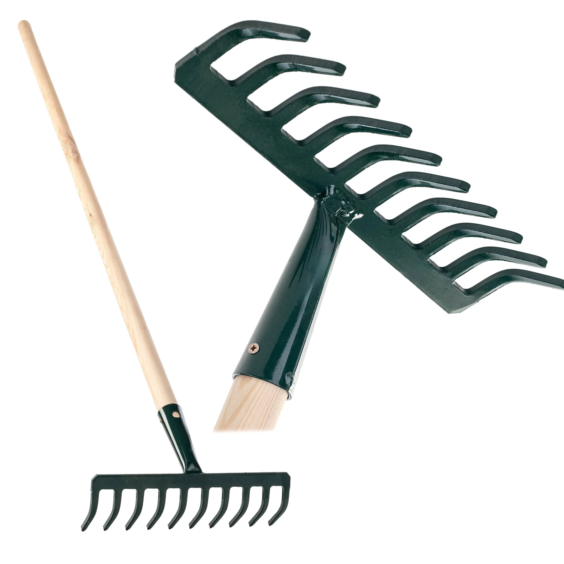 KADAX Rastrillo de metal, rastrillo plano con mango de madera, escoba para jardín, bancal, rastrillo de hojas, rastrillo de césped, verde, herramienta de jardín, rastrillo de heno, herramienta de
