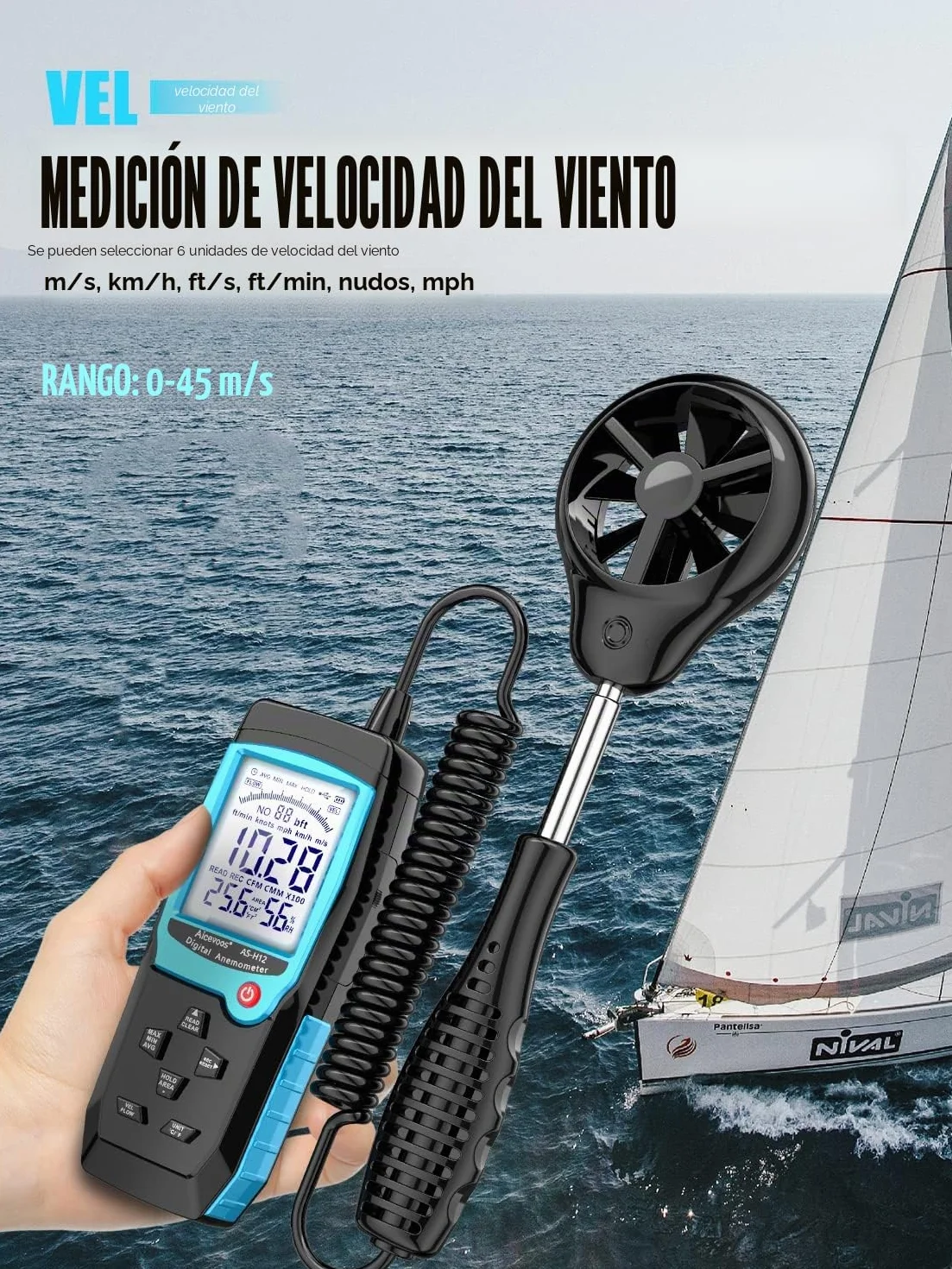 Anemometro Portatil Anemómetro Digital con Sensor de Viento Extendido, Mide Temperatura del Viento Velocidad del Viento Flujo de Viento CFM y Humedad con Retroiluminado y MAX/MIN/AVG