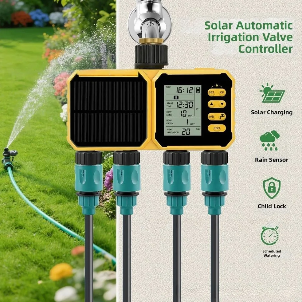 Sistema de riego automático, temporizador de aspersor de 4 canales, alimentado por energía solar, controlador programable de riego de jardín con respaldo USB, temporizador de grifo para exteriores