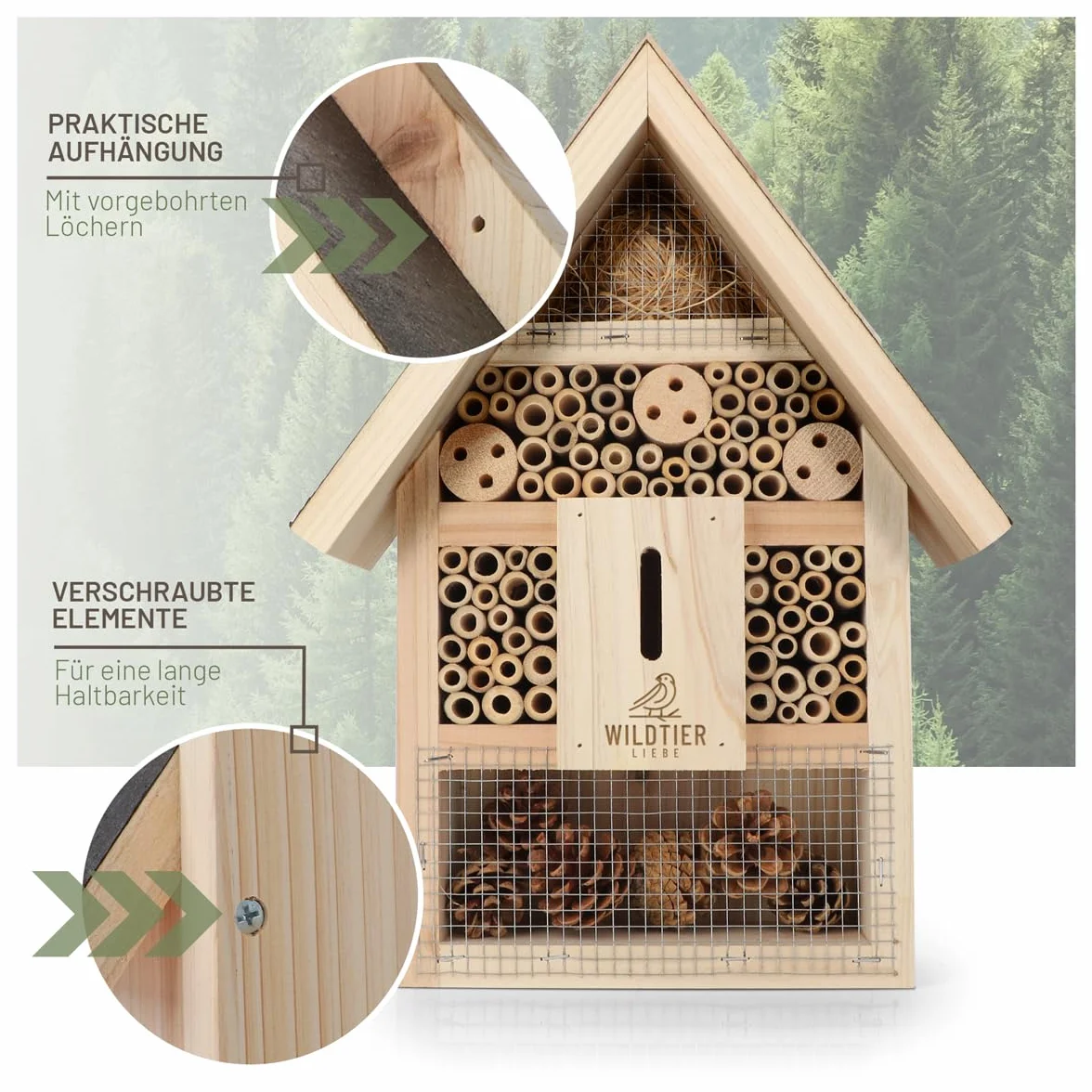 wildtier liebe Hotel para insectos grande, hotel de abejas sin tratar, incluye atrayente, madera maciza atornillada, casa para insectos para abejas, mariquitas y mariposas, hotel de abejas