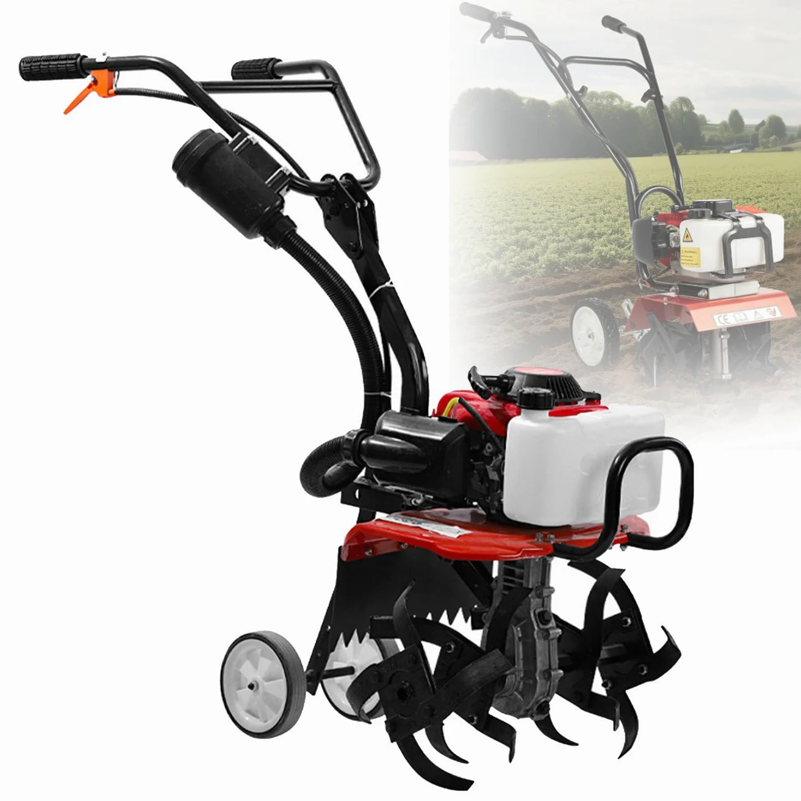 Cultivador de gasolina para jardín, cultivador de césped doméstico portátil, motocultor, cultivador de tierra, mango ajustable en altura, para uso en diversos terrenos.