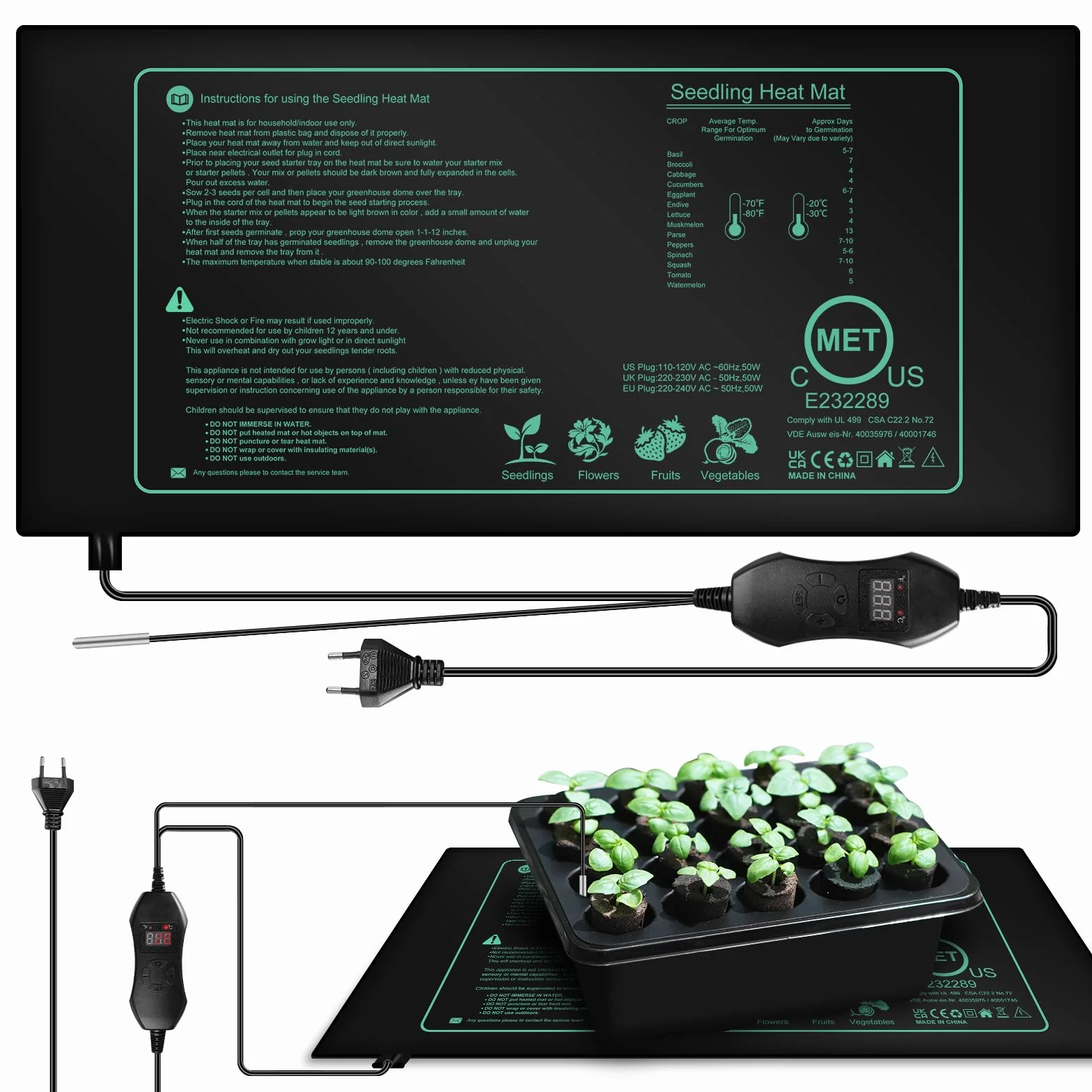Esterilla calefactora para plantas con termostato, estera térmica con termostato, estera térmica digital para invernadero, estera térmica para plántulas, germinación de plantas, crecimiento de
