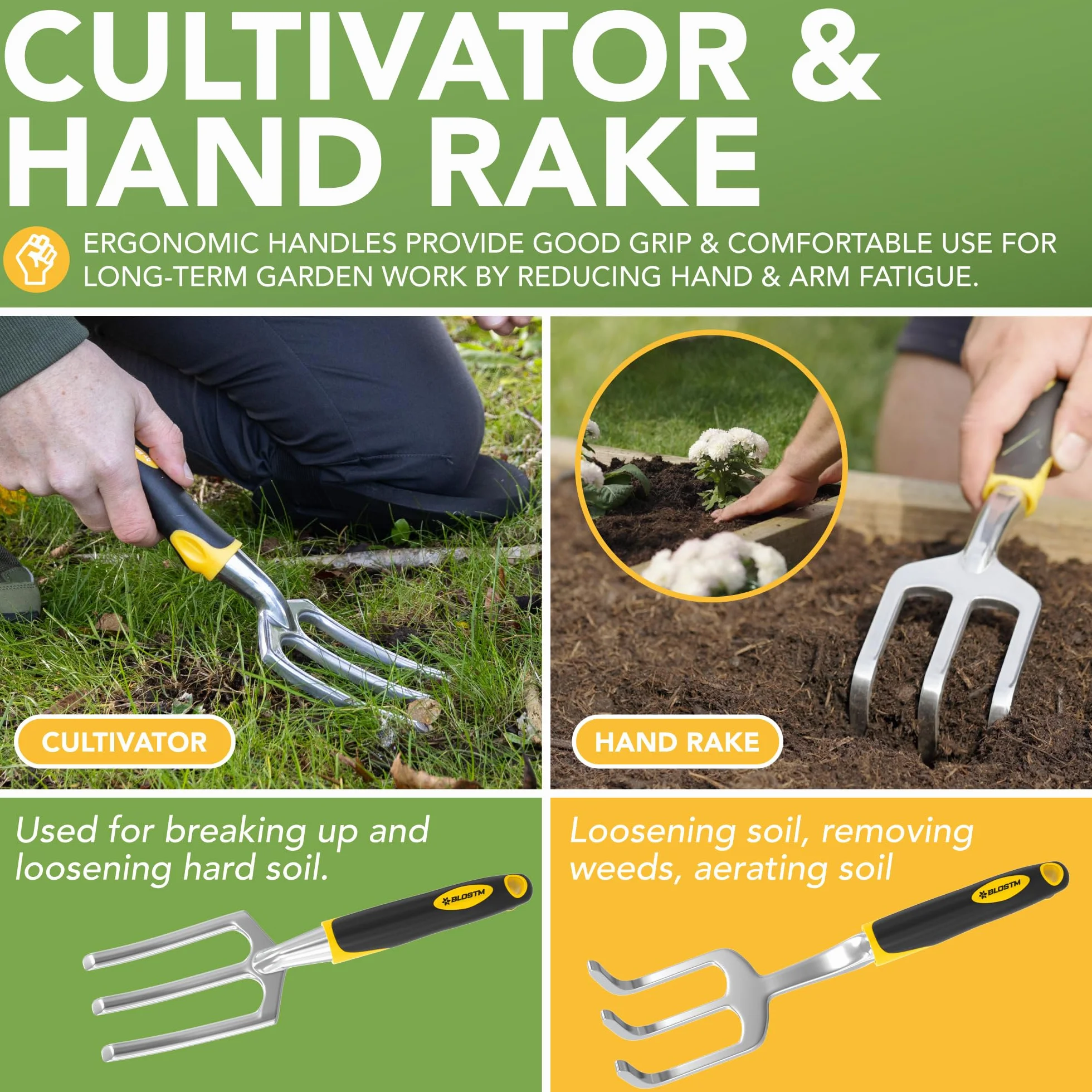BLOSTM - Juego de herramientas para jardinería (11 piezas, herramientas de jardín, resistentes con bolsa de transporte impermeable, asas ergonómicas, pequeña pala jardinería, herramientas – Kit de