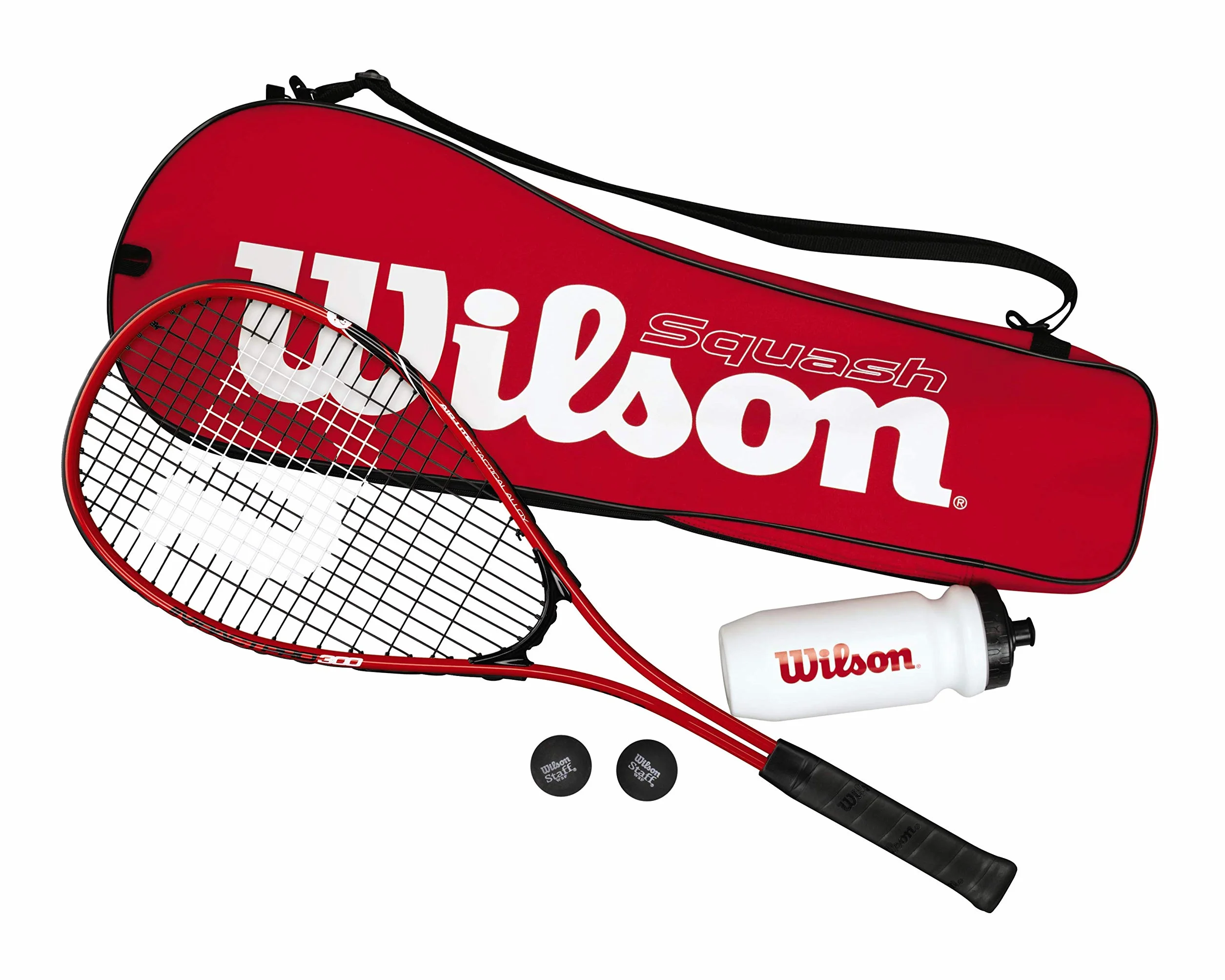 Wilson Starter Squash Kit Set de Squash Raqueta Impact Pro 300 2 Pelotas Botella Agua Bolsa Rojo/Negro