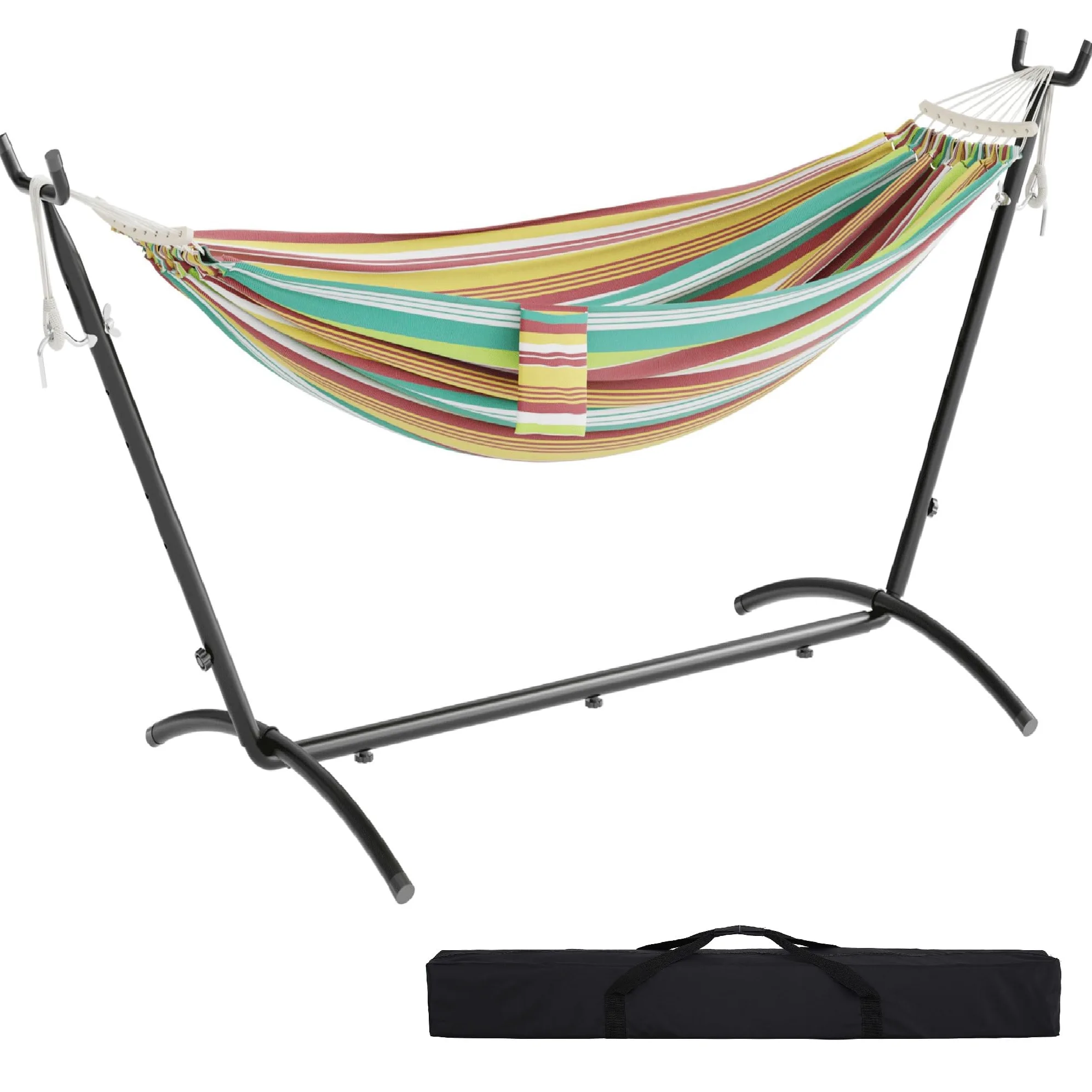 Mondeer Hamaca Doble con Estructura para Exteriores con Barra de Madera Curvada y Bolsa de Transporte para 2 Personas, Capacidad de Carga de 270 kg, para Interior, balcón, terraza, jardín (Verde)