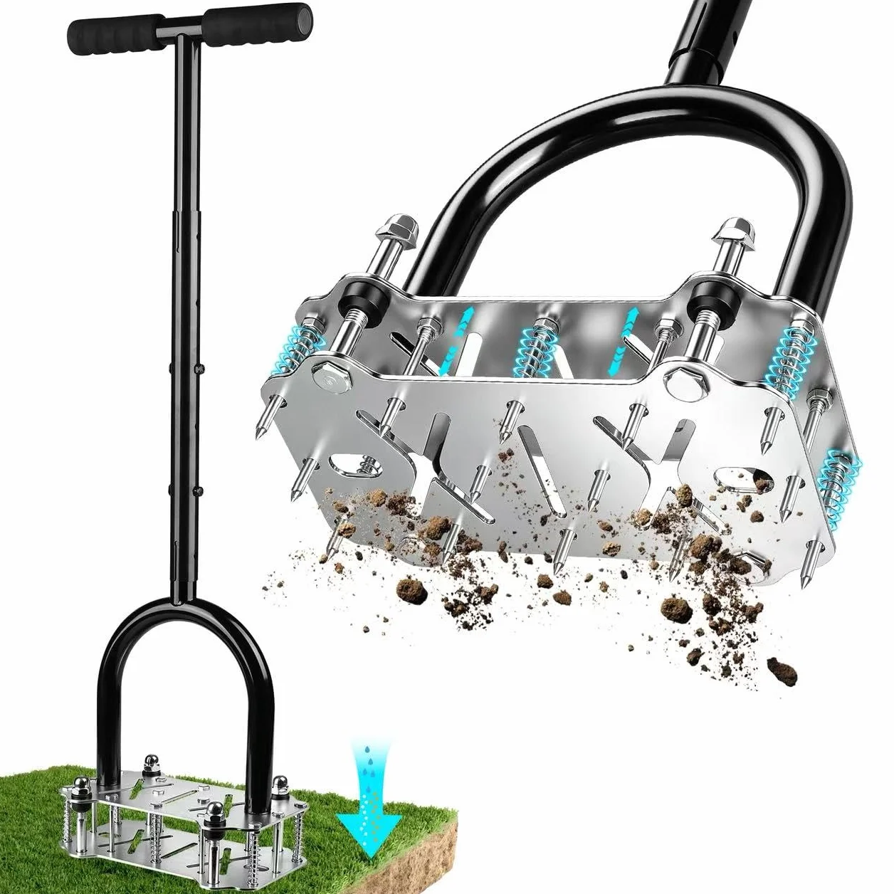 Aireador de Césped con 14 Púas, Aireador Manual de Césped con Plataforma Antideslizante, Escarificador y Aireador para Suelo Compactado, Herramienta de Aireación para Césped, Jardín Cuidado del Pasto