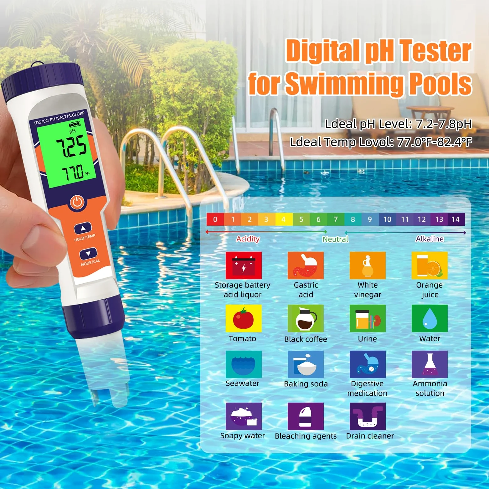 Probador digital de sal de piscina 7 en 1 | pH, ORP, salinidad, TDS, EC, medidor de temperatura, para piscinas de agua salada, jacuzzis, spas, acuarios, hidroponía
