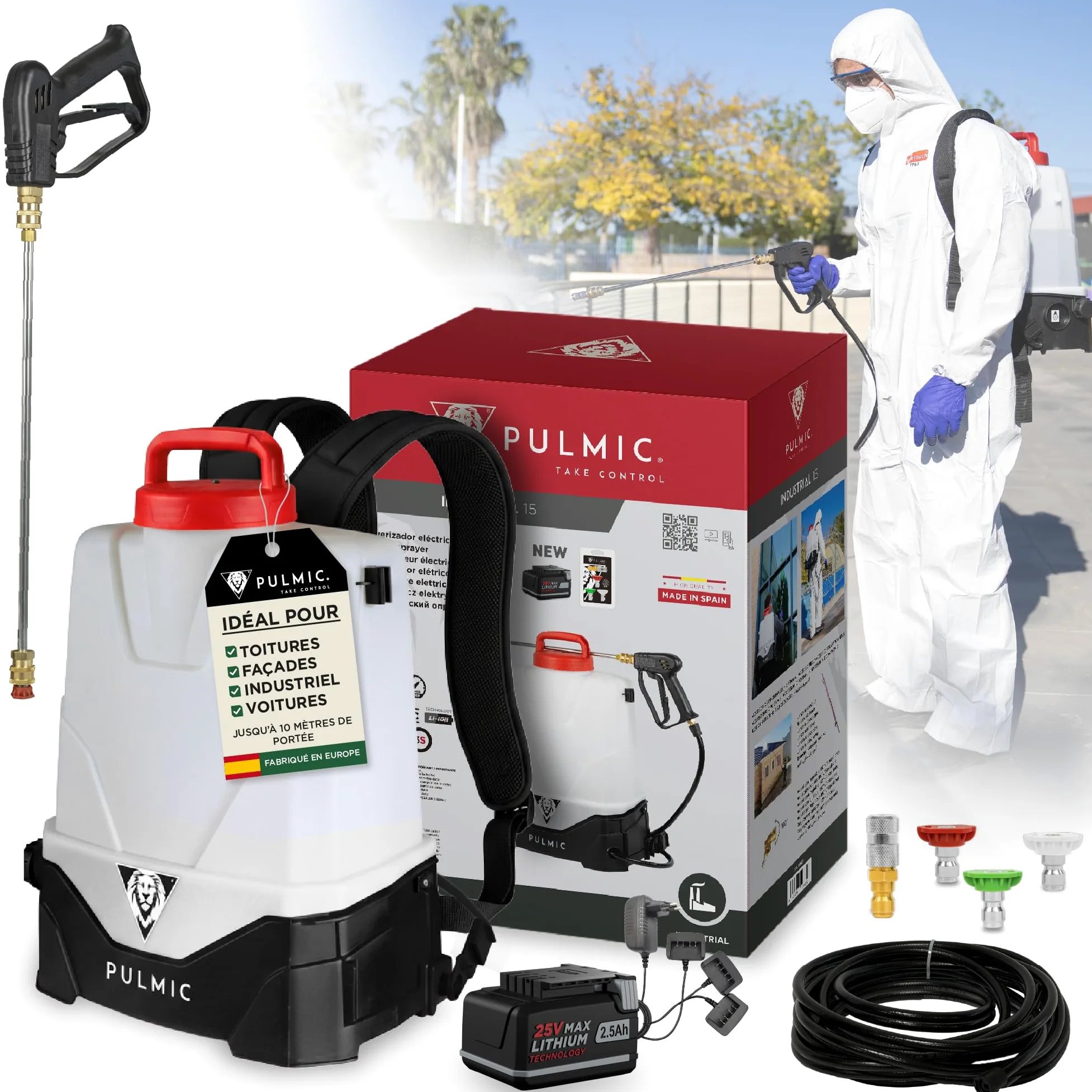 PULMIC Pegasus 15 Pulverizador Eléctrico Mochila 15 L, 7 Bar, Batería 18V, Lanza Acero INOX, Kit Boquillas Quick Connect, Manguera 10 m, Pulverización Profesional