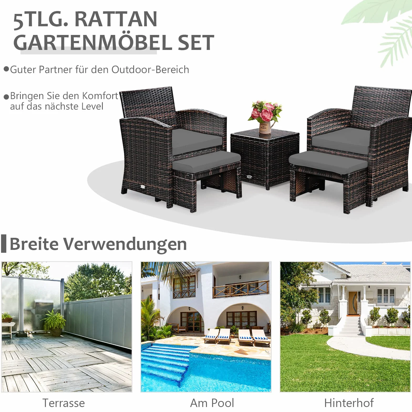 GOPLUS Mobiliario de jardín de 5 piezas, de ratán sintético, conjunto de muebles de jardín compuesto por 1 mesa, 2 sillas y 2 otomanas, cojines con funda extraíble y lavable, bar, terraza (gris)
