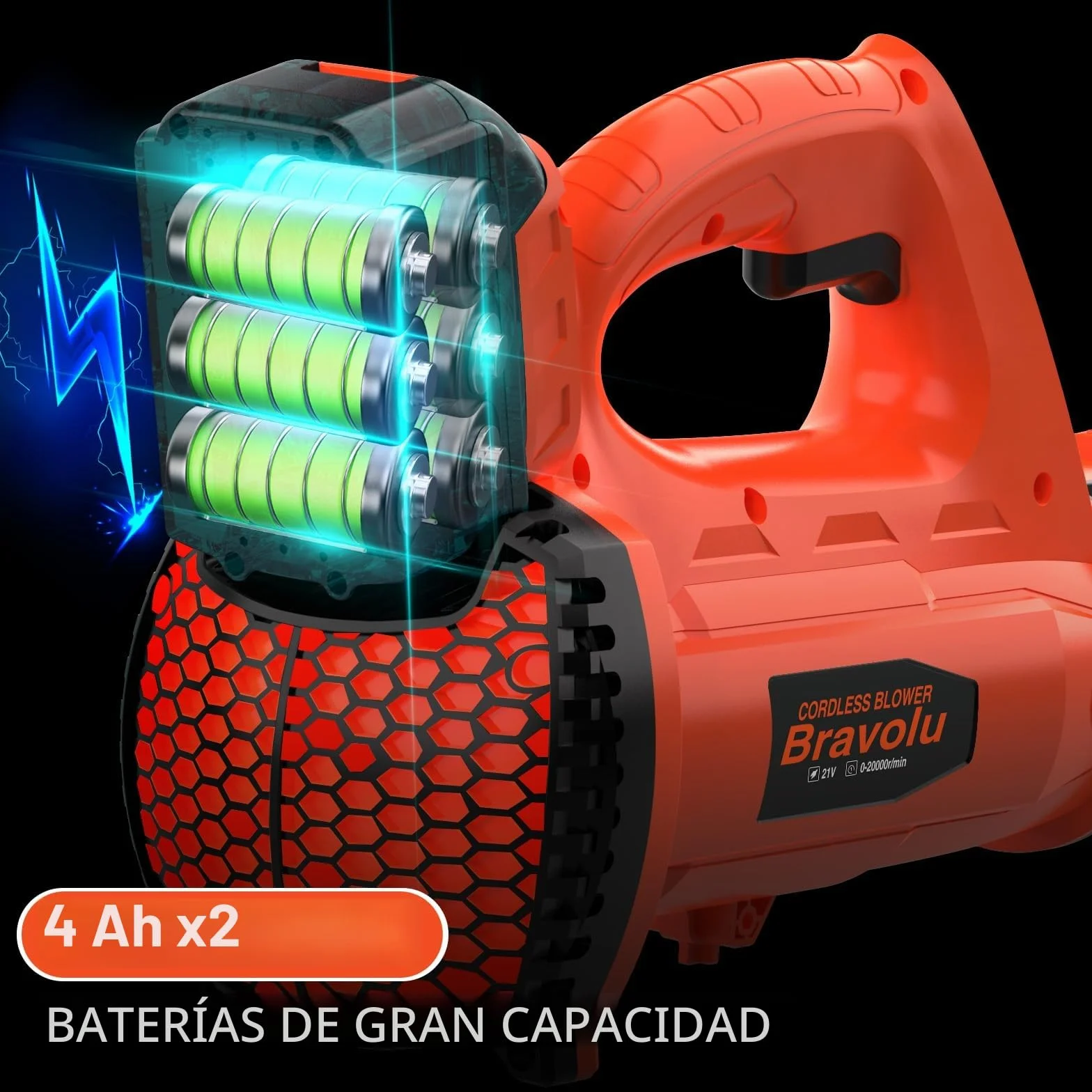 Soplador de Hojas, Bravolu 21V Soplador con Baterías Recargables de 2 X 4,0 Ah y Cargador, Flujo de Aire de 240 km/h, 6 Velocidades Soplador de Hojas Eléctrico