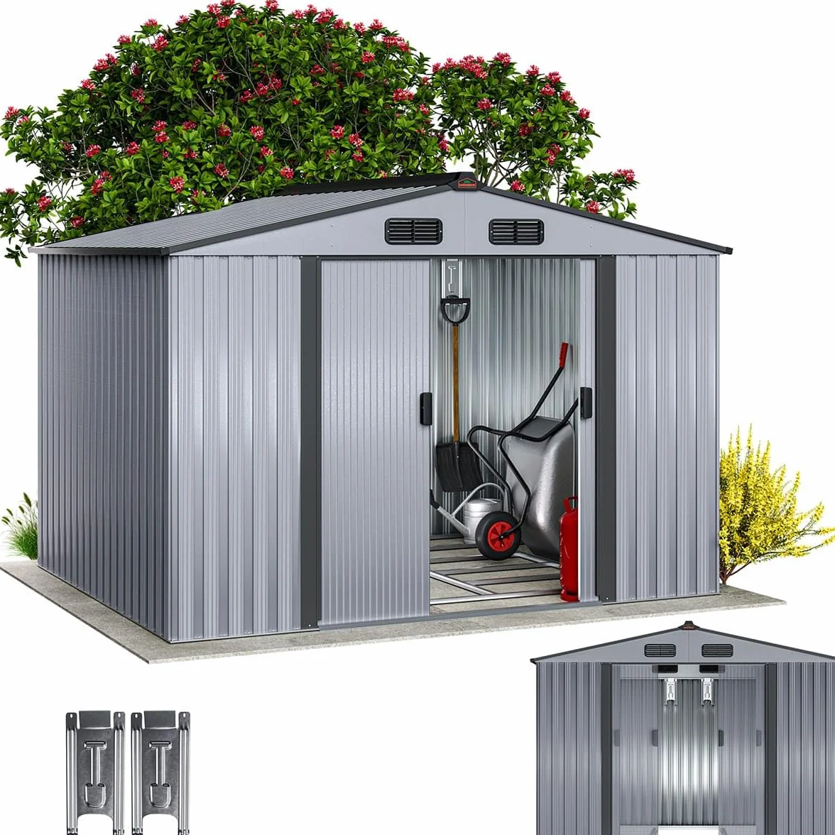 GARDEBRUK® Cobertizo de Jardín XXL Caseta Exterior 5m² con Base 260x205x180cm 9m³ Puerta Corrediza Gris Metálico