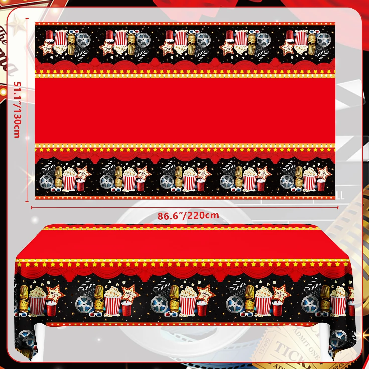 4 piezas de manteles de noche de película temática de cine decoraciones de fiesta alfombra roja manteles palomitas de maíz mantel entrega de premios se muestra ahora tema cumpleaños accesorios 130 x