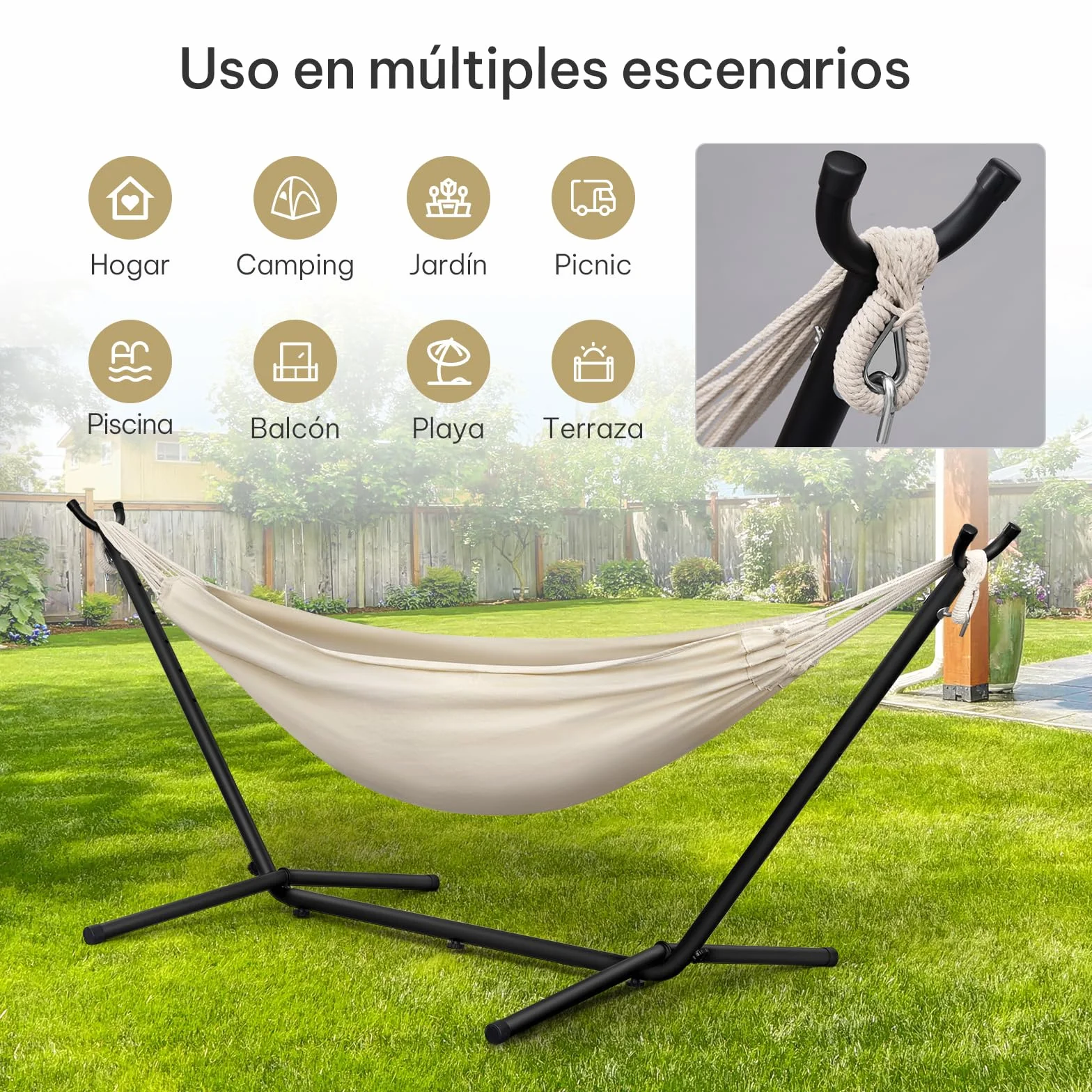Laneetal Hamaca Jardín Tumbonas, Hamaca para 2 Personas con Soporte Metálico, Capacidad 250 kg, con Bolsa de Transporte, para Terraza, Jardín y Piscina, 280x106x100 cm (Beige, 280x106x100 cm)