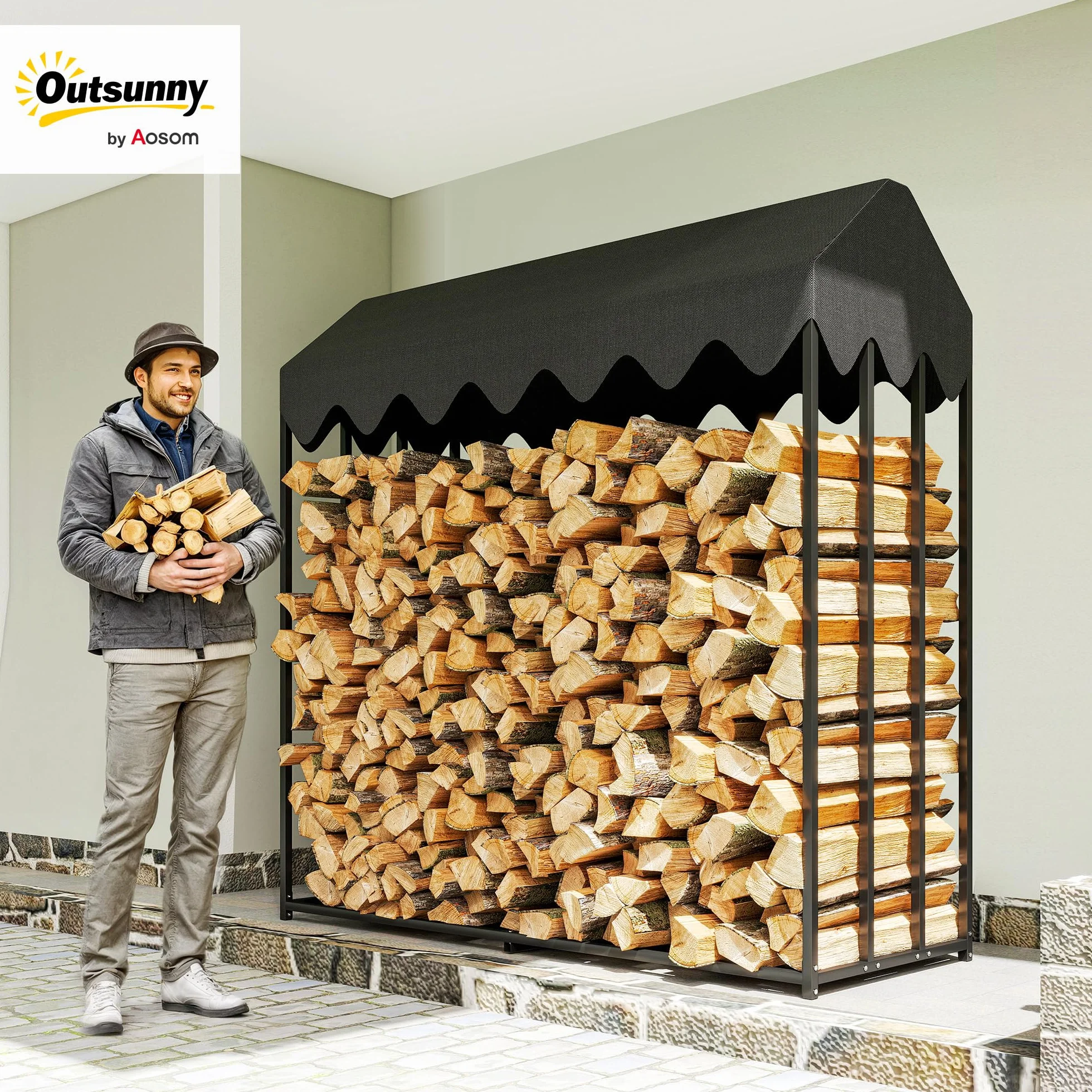 Outsunny Estante de Leña Metálico, 186x70x185 cm, Leñero Exterior con Cubierta Impermeable 600D Oxford, Marco de Acero, Soporte para Leña de Chimenea, para Jardín, Terraza