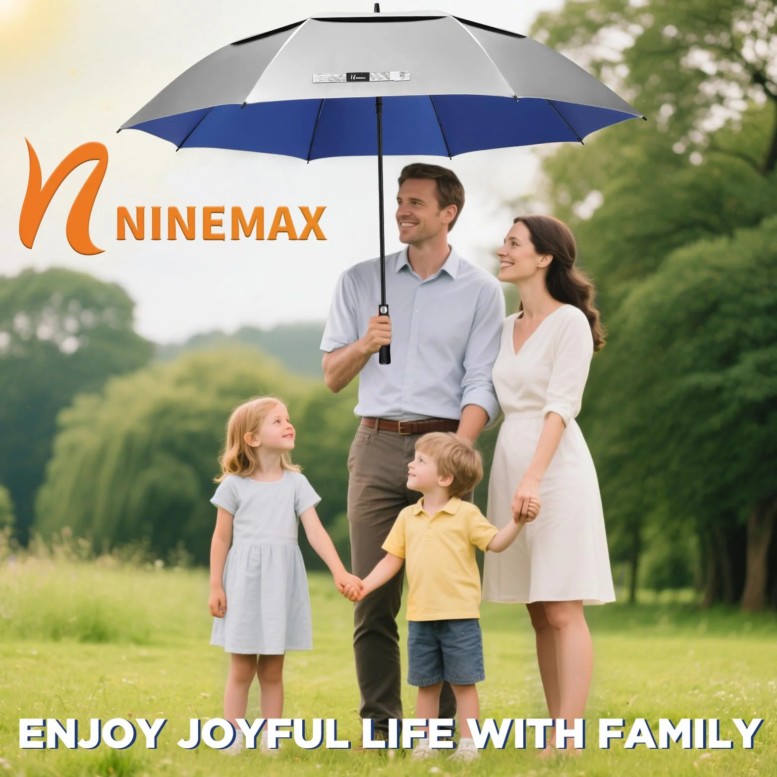 NINEMAX Paraguas Grande Solar UV XXL Antiviento Resistente al Viento Fuerte Plata Azul