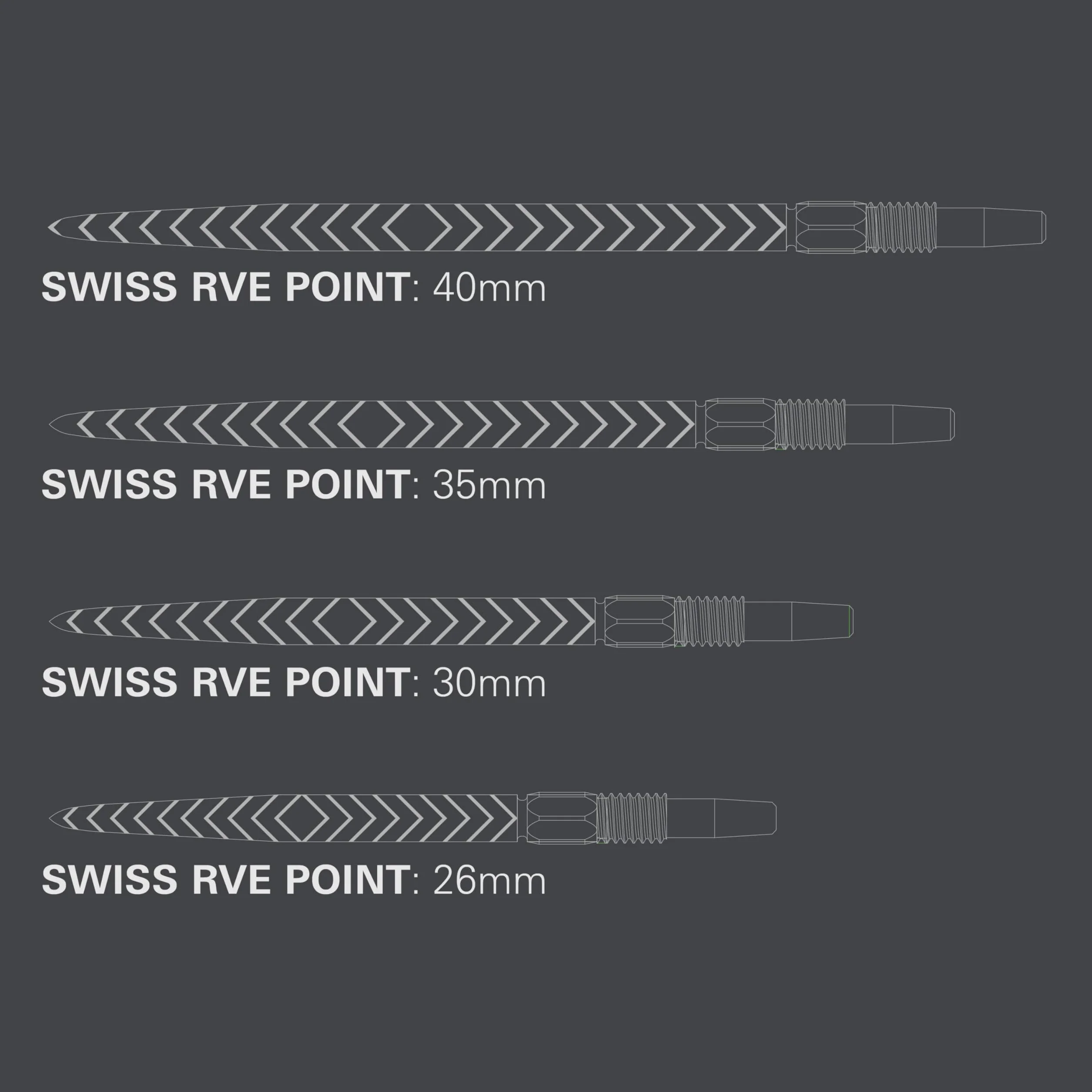 Puntas para Dardos Target Swiss Point RVE Juego 3 Puntas 26MM 30MM 35MM 40MM Oro Plata Negro