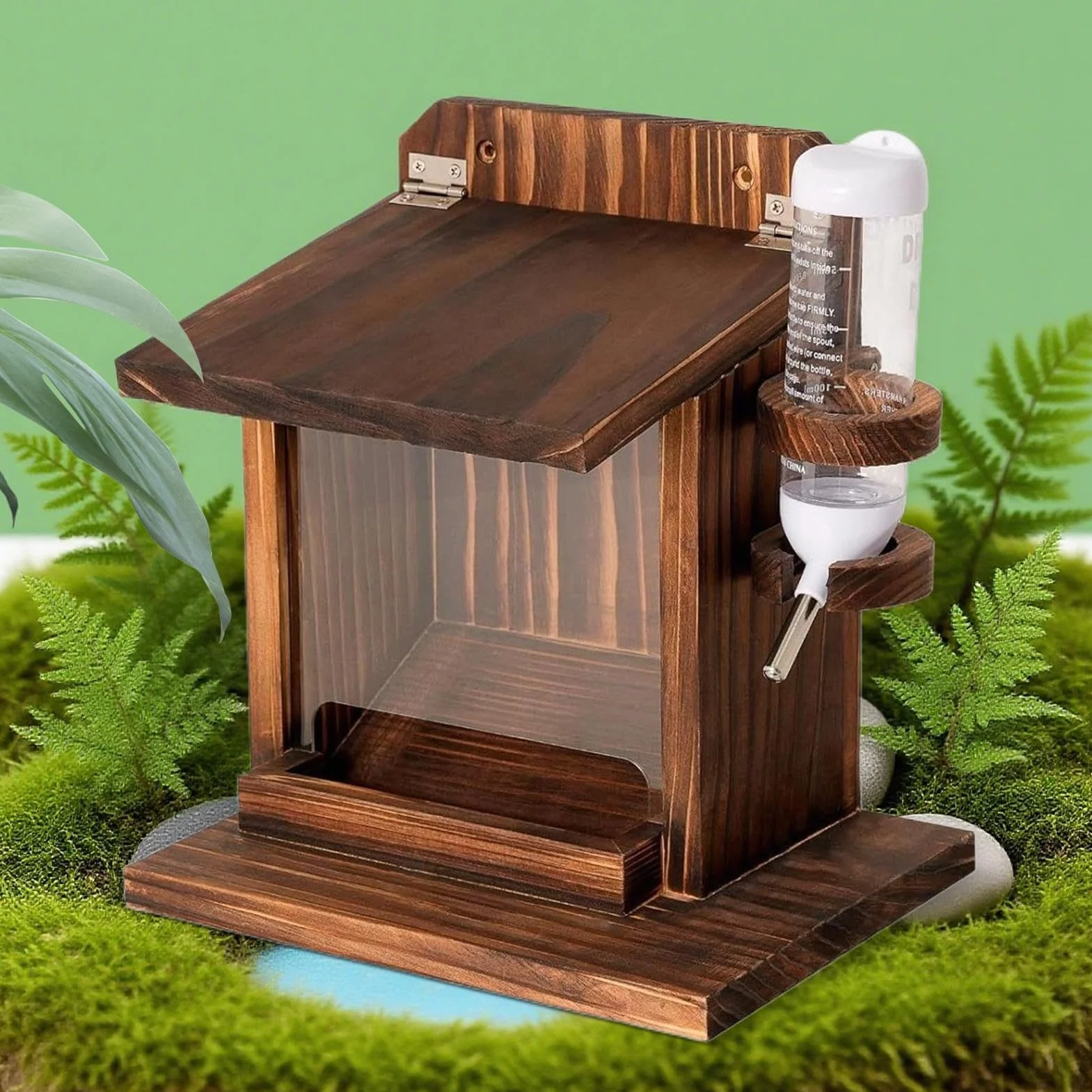 Casas de ardilla para exteriores, estación de alimentación de ardillas con botella de agua, de madera montada en la pared para alimentos, frutos secos, de maíz, patio, árbol, jardín