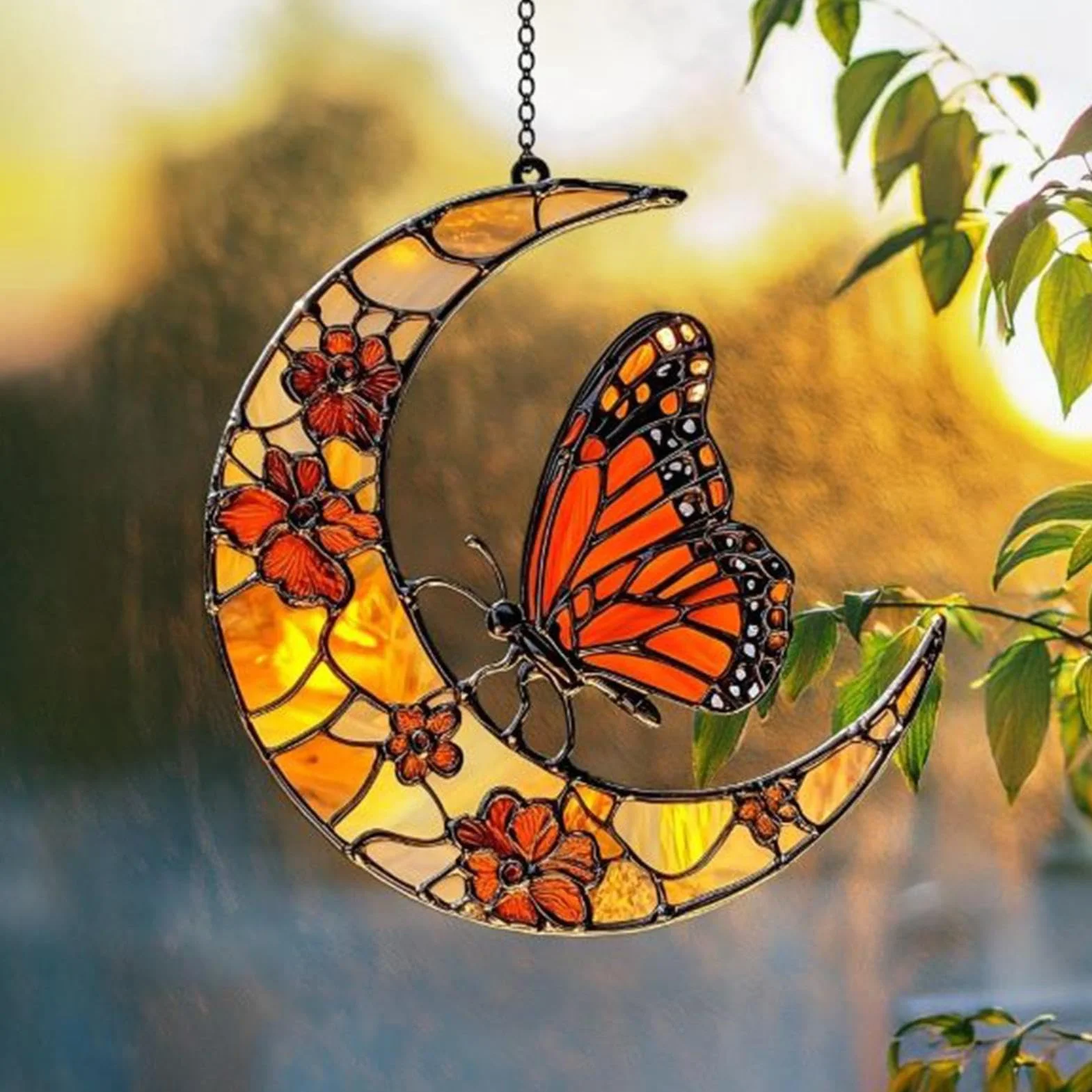 Cattador De Luna Solar, Mariposa Y Luna Solar Catcher Window Butterfly Catcher Catcher Butterfly Sun Catcher, Monarch Butterfly Y Flower Moon Ornament Para Ventana - Ornamento De Arte Acrílico Para De