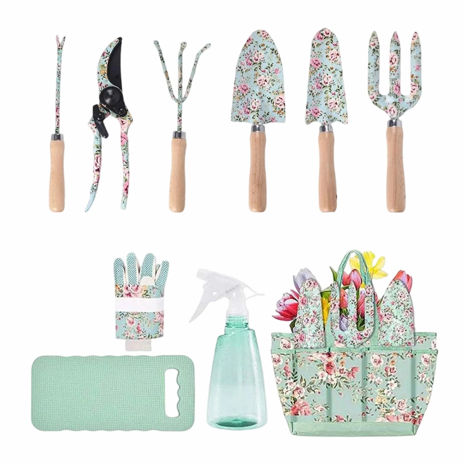 Juego De Herramientas De Jardinería, 10 Piezas Kit Jardineria Diseño De Rosas con Herramientas De Almacenamiento, Fabricado En Acero Inoxidable, Ideal para Mujeres Y Hombres
