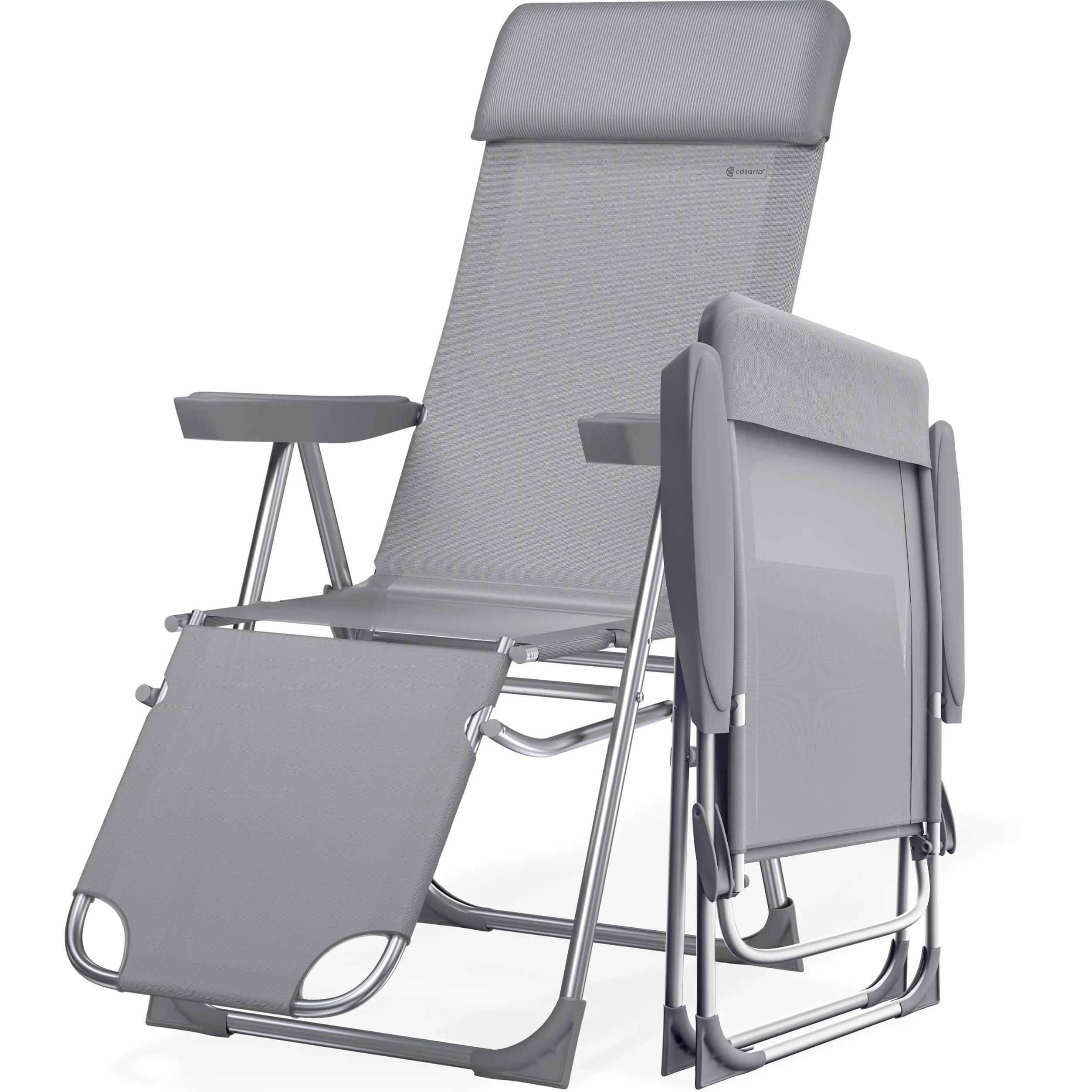 CASARIA® Sillas Gravedad Cero Plegables Set de 2 Reclinables Respaldo Alto Ajustable en 6 Posiciones Estructura Aluminio Exterior Jardín Balcón Playa Gris