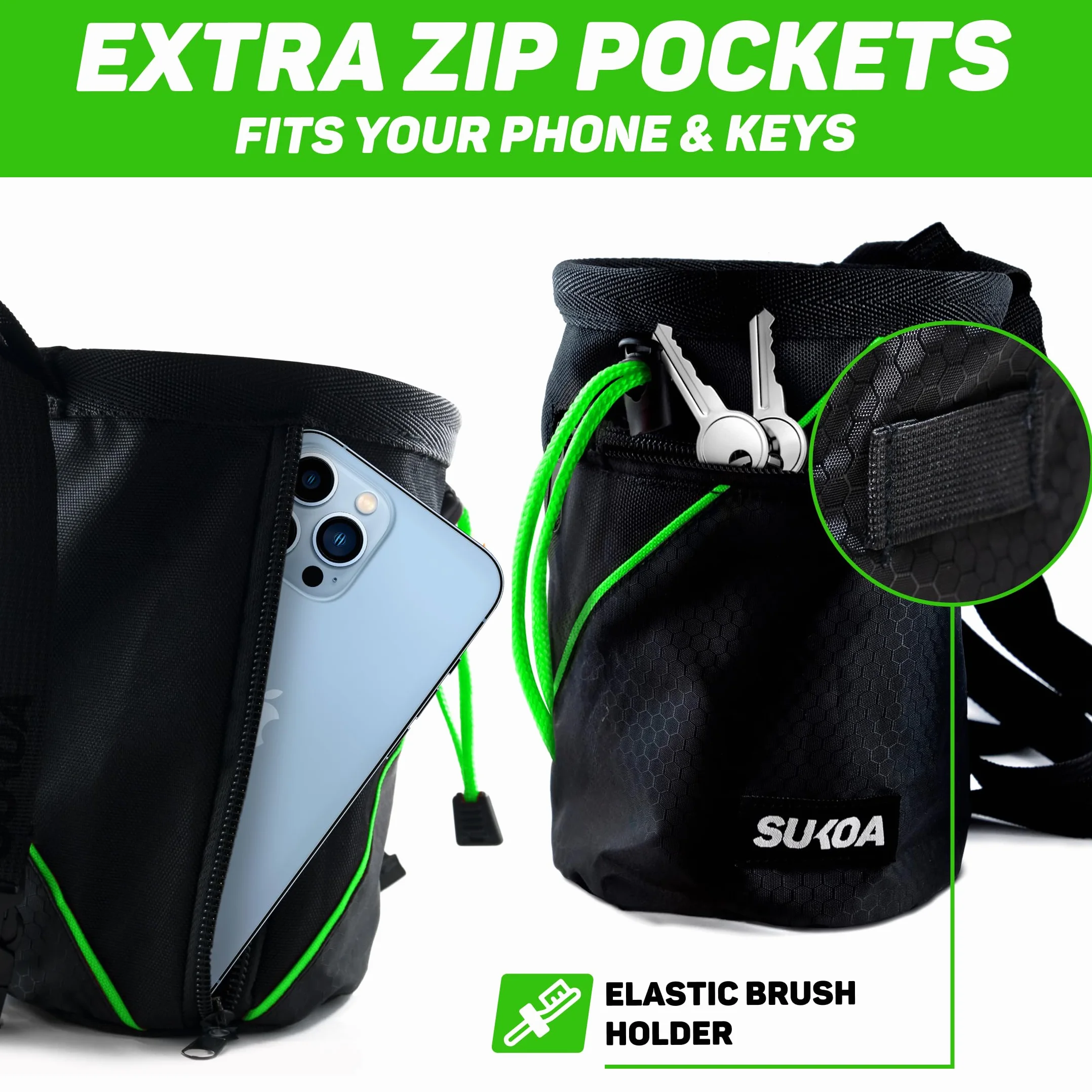 Sukoa Bolsa de Tiza para Escalada en Roca, Cubo con Cinturón de Clip Rápido y 2 Bolsillos Grandes con Cremallera