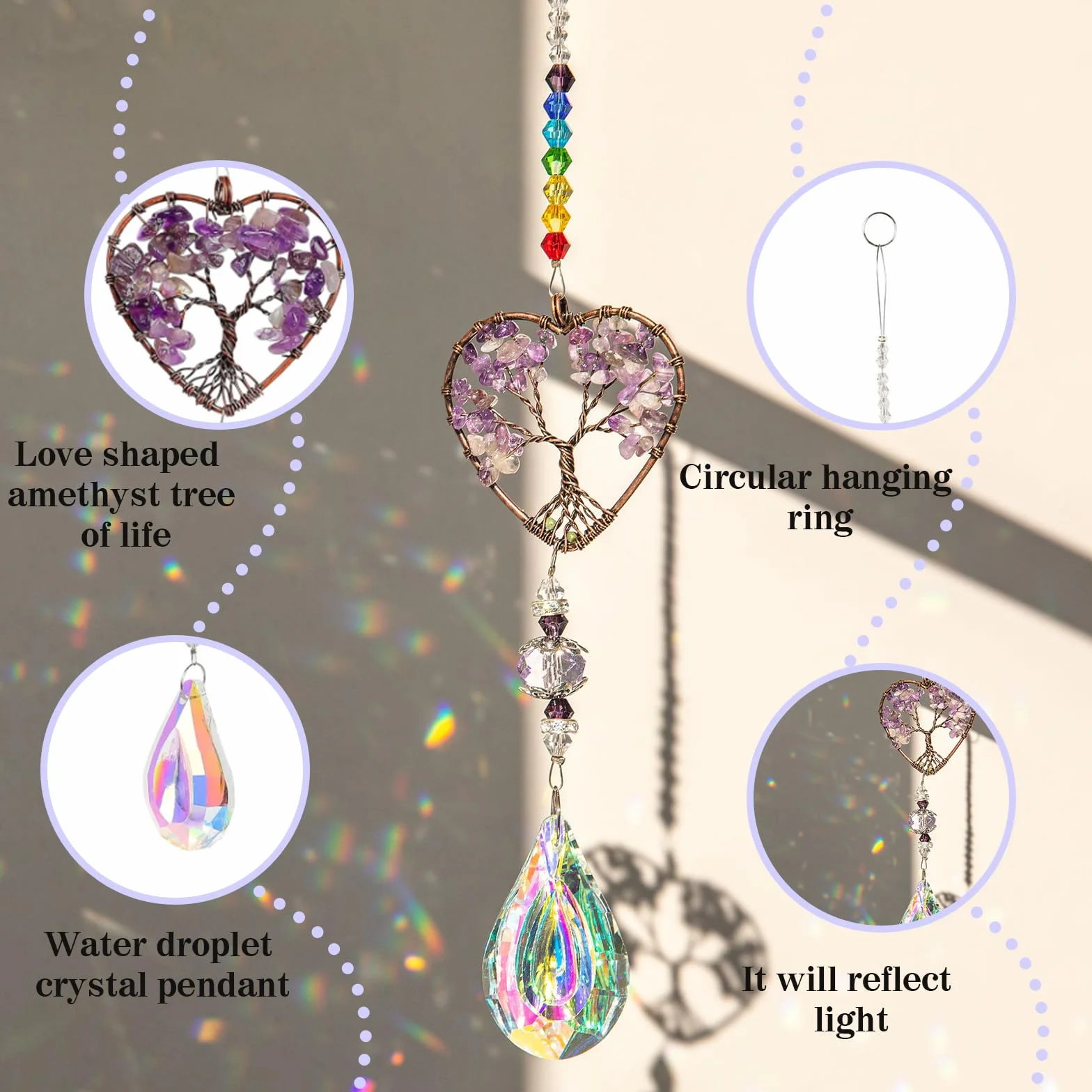 33 cm Window Hanging Prism Sun Catcher Amatista Atrapasoles Árbol de La Vida Window Suncatcher Campanilla de Viento Ideal para Ventanas Coches Oficinas y Jardines