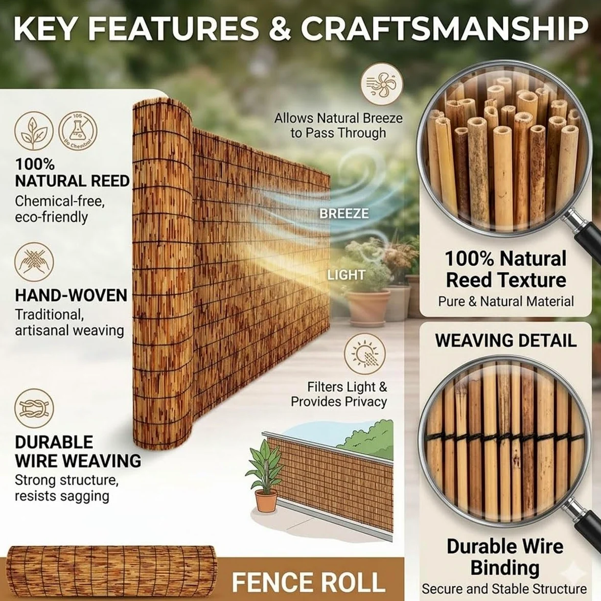 Rollo Cañizo Ocultación Exterior de Caña Natural y Bambú 1.2x5m, Valla Jardín Exterior, Cerramiento Terraza, Pantalla Privacidad, Resistente(Marrón,1.20mx5.0mx3pack)