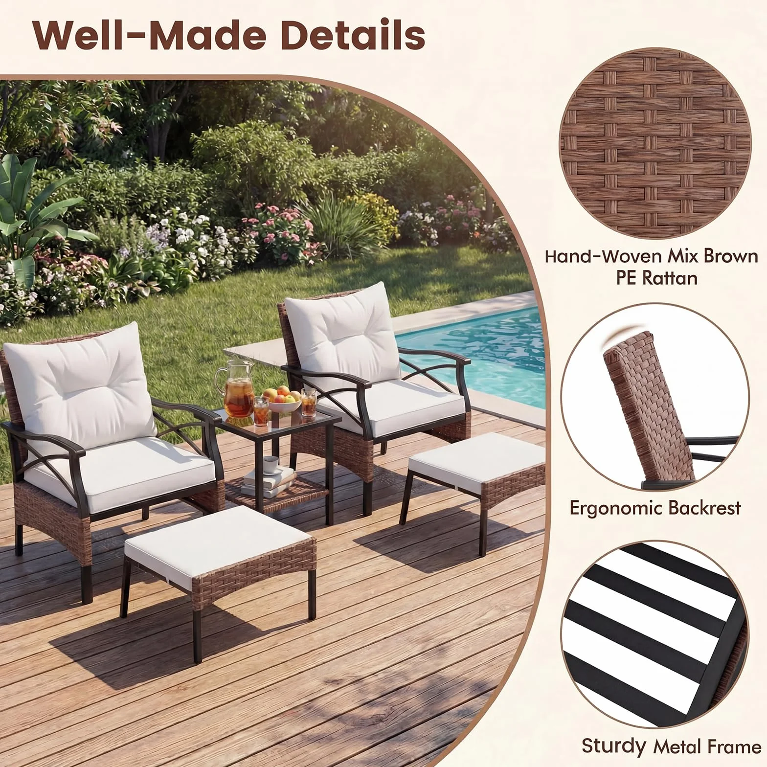 GIANTEX Conjunto Muebles Jardín Exterior de Ratán 5 Piezas, 2 Sillones, 2 Otomanas y Mesa de Vidrio, Cojines Extraíbles, para 2-4 Personas, Juego de Conversación para Patio Terraza (Marrón+Beige)