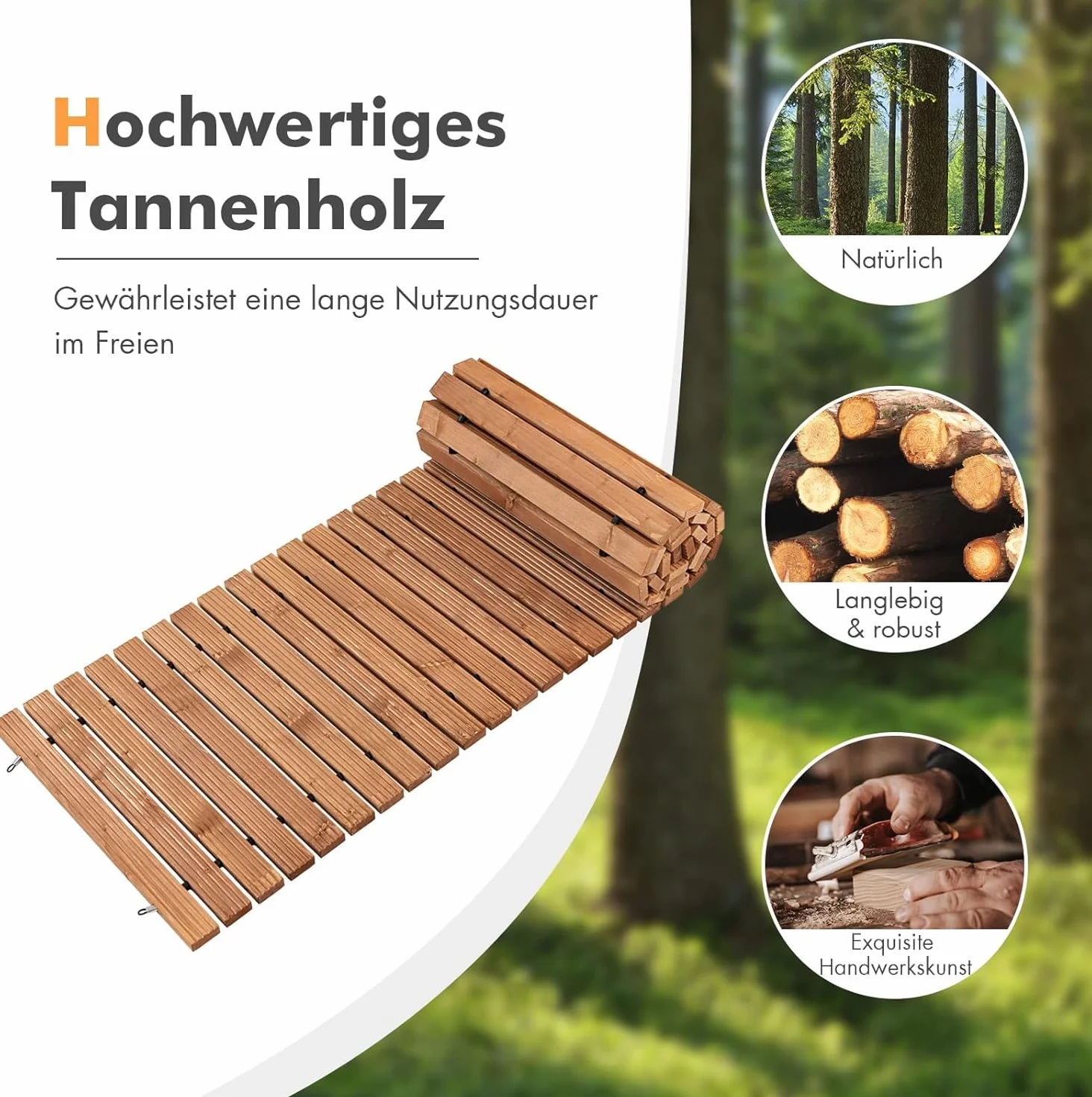 FANTASK Camino de jardín Extensible de Madera, 245 cm de Ancho y 55 cm de Ancho, con Alambre de Acero, Color marrón Claro