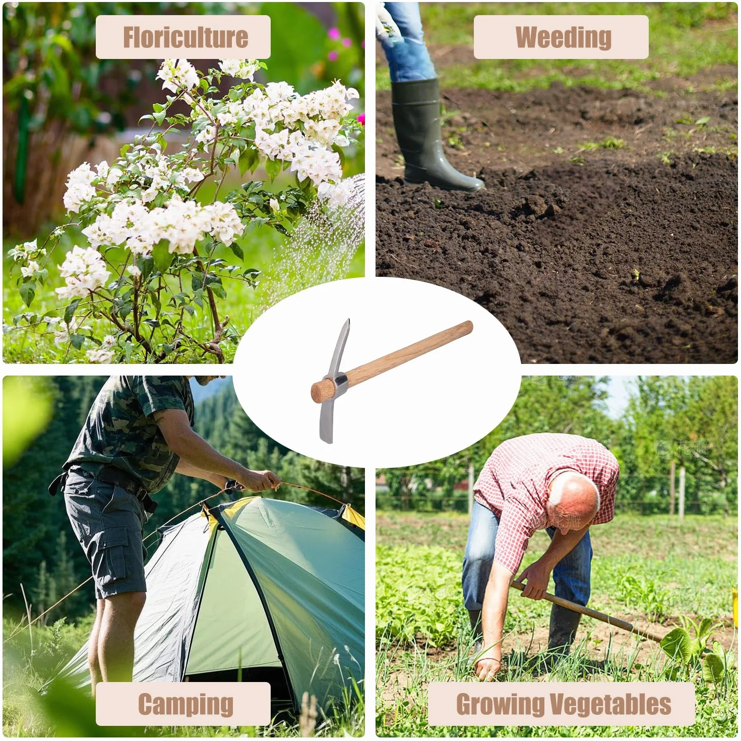 Tissting Pico de Jardín de 40cm/15,7in, Azada de Pico de Acero Inoxidable Resistente y Duradera, Herramientas de Azada de Jardinería Agrícola con Mango de Madera