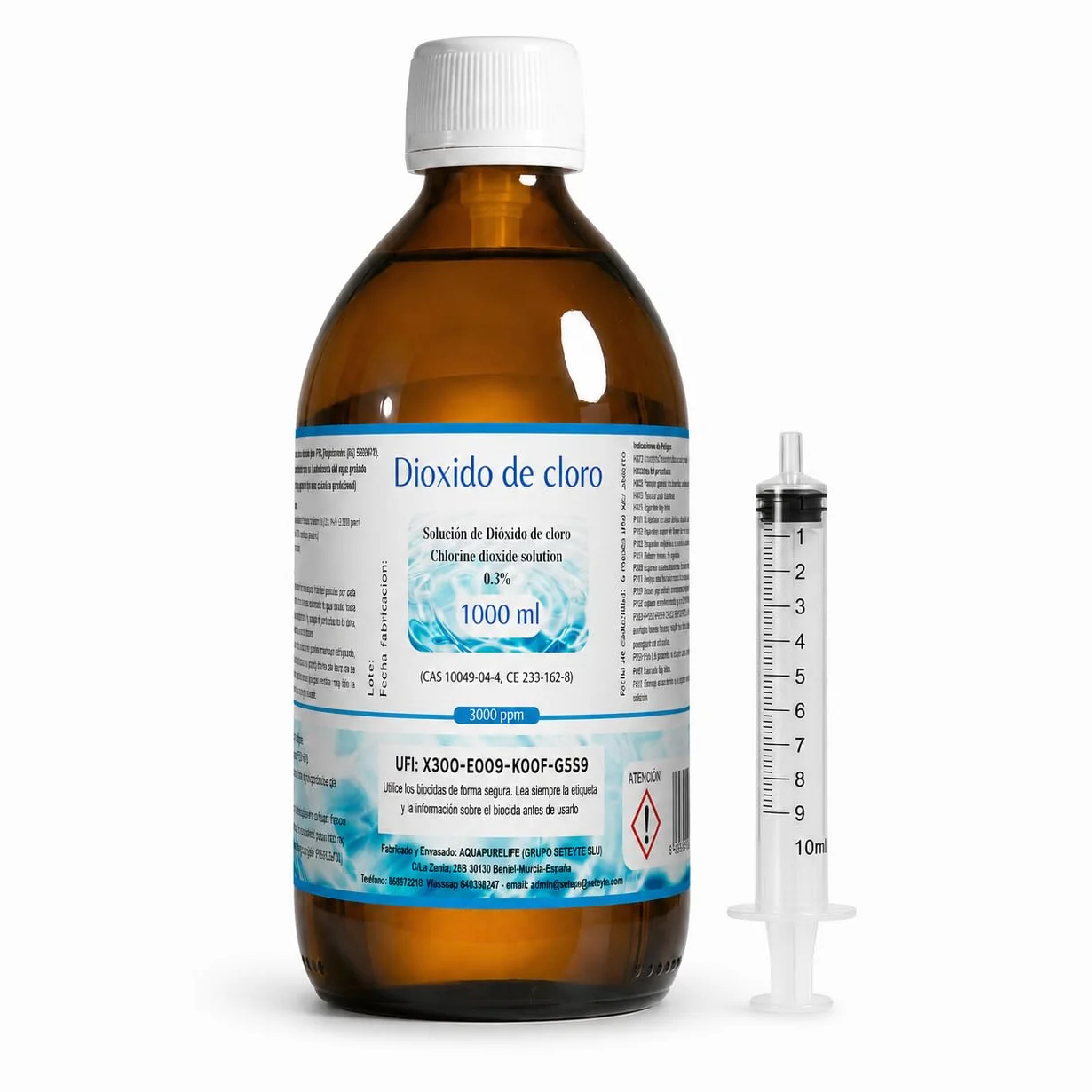 Dioxido de Cloro 3000ppm - CDS 0,3% - Envasado en Botella Cristal Ambar - Fabricado en España (1000ml)