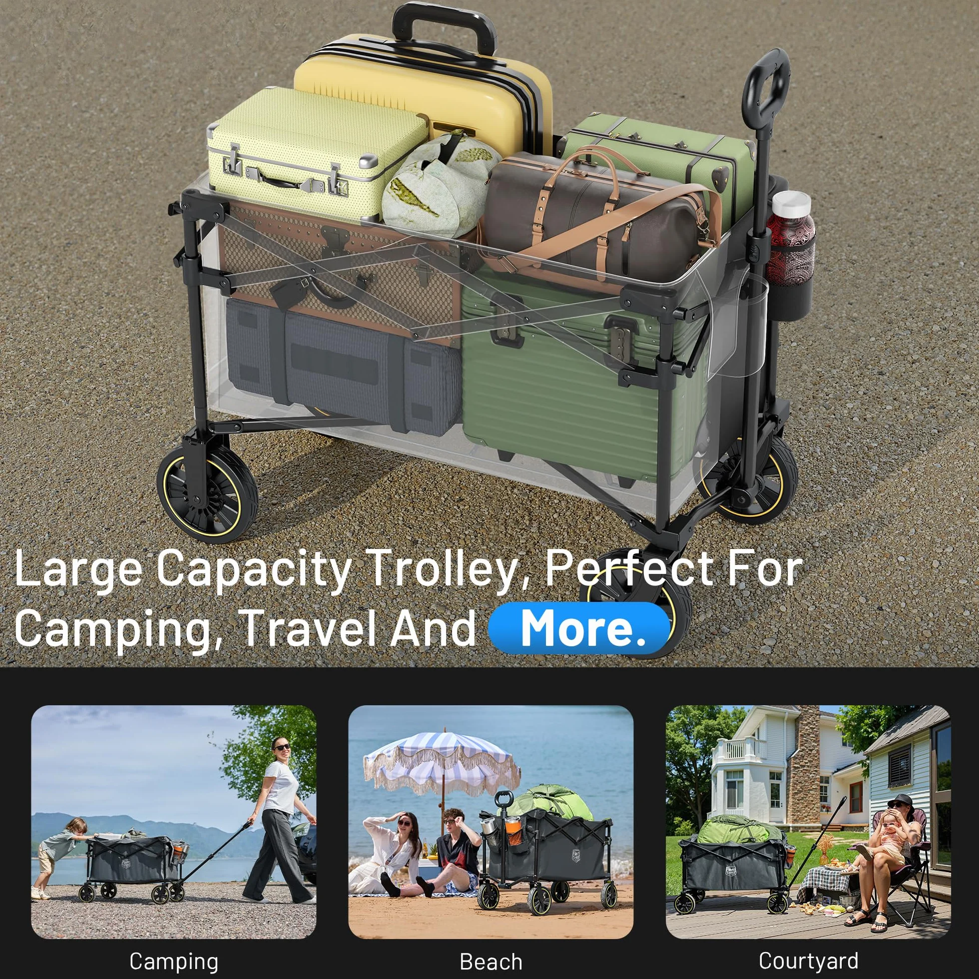 TIMBER RIDGE Carro Camping Plegable 200L con Portavasos Mango Ajustable Carro de Jardín para Todos los Terrenos Al Aire Libre Camping Compras Pesca Carga MAX 150kg