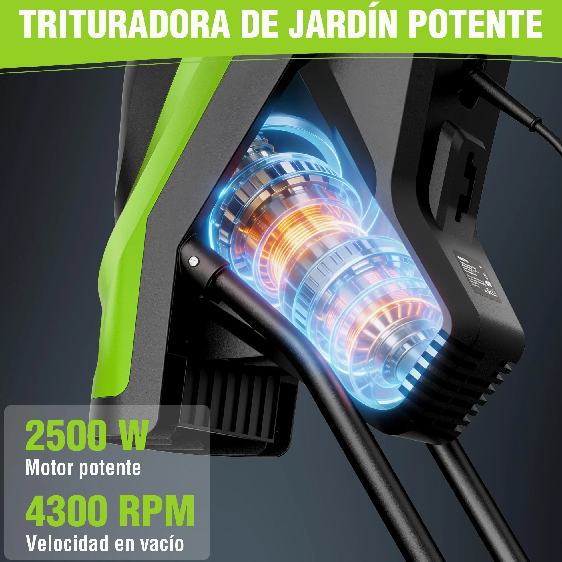 WORKPRO Trituradora de Jardin Eléctrica Cuchillas 2500W con Tijeras de Podar, Biotrituradora de Ramas Ø44 mm, 4300 RPM, Trituradora de Hojas con 2 Bolsas de 45 L, Trituradora para Residuos de Jardín