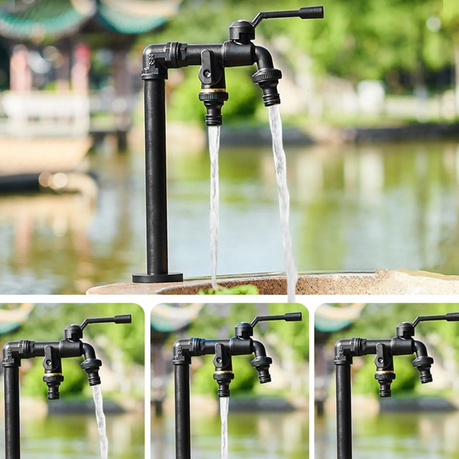 Columna de agua de jardín de cobre para exteriores con doble salida resistente a las heladas, grifo para clima frío, fuente de jardín negra (32 cm) y elegante