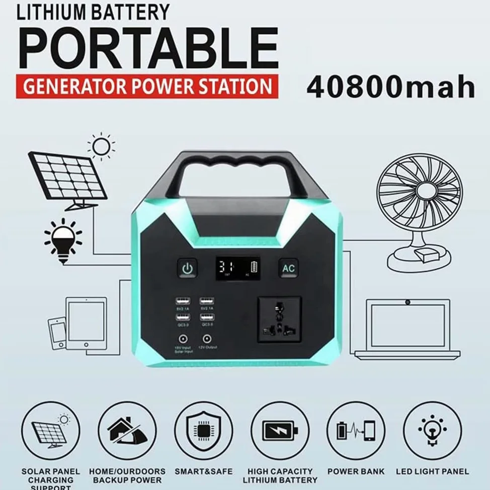 Estación de energía portátil, Paquete de batería de Litio de Respaldo para Campamento de 40800 mAh/150 WH, con Toma de CA de 110 V-220 V/100 W, para campamentos en vehículos recrea
