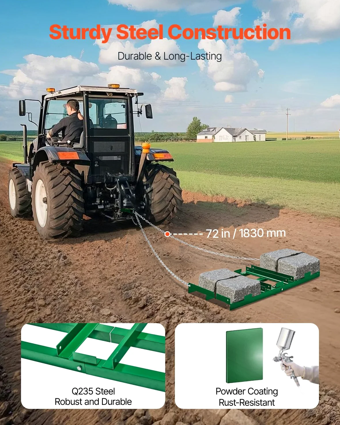 VEVOR Rastrillo de Arrastre 122 cm Cadena de 183 mm Nivelación de Caminos Acceso Vehículos Todo Terreno