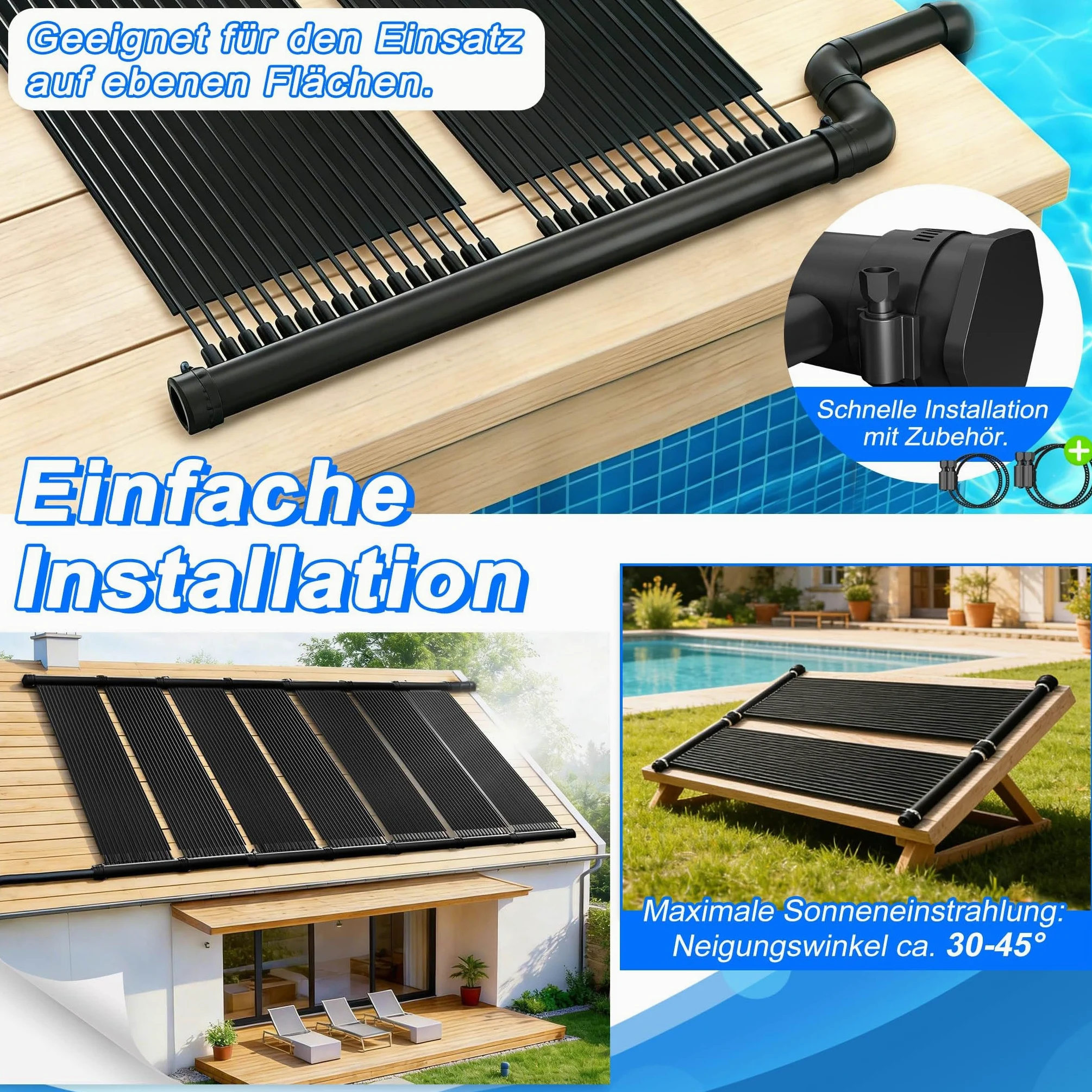 ACXIN Colector solar para piscina, calefacción solar de 300 cm x 70 cm, calentador de piscina solar para piscina, esterilla solar, bomba de calor ecológica alternativa, 32 canales, tubo EPDM, color