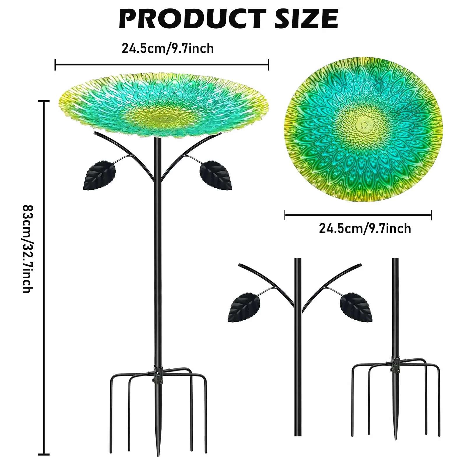 Bebedero para pájaros de pie, grande, 83 cm, de metal, baño para pájaros de pie, para jardín, resistente al invierno para exteriores, bebedero de agua antiguo para pájaros, bebedero de jardín con base