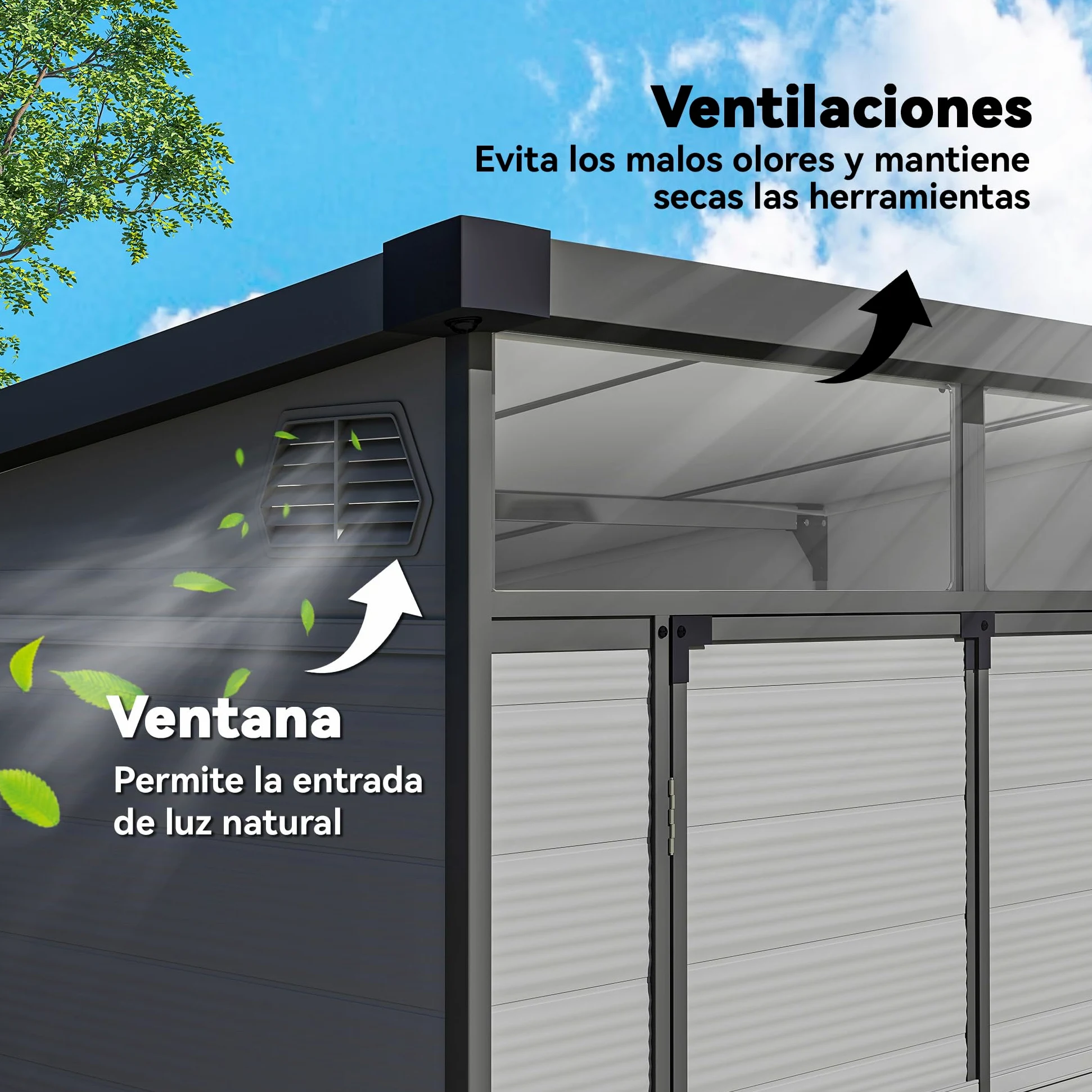 Outsunny Caseta de Jardín Exterior, 3,24 m², 190x191x215 cm, Gris Claro | Cobertizo de Jardín Exterior, Puerta Corredera con Pestillo, Ventana y Ventilación, para Almacenamiento de Herramientas