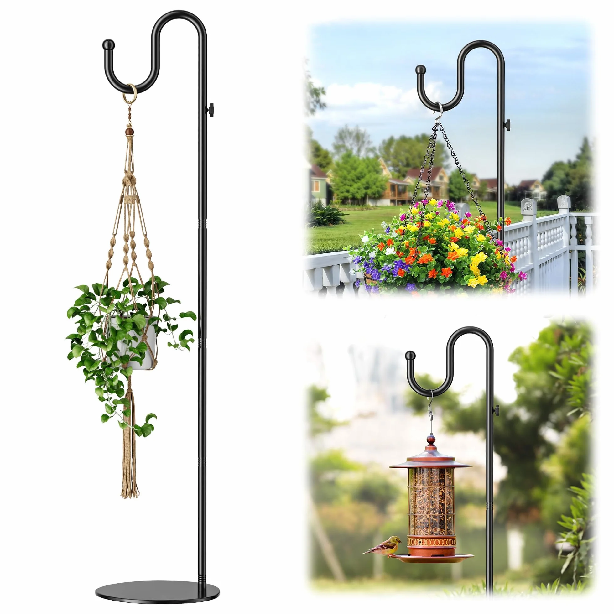 saffruff Gancho de pastor de 188 cm, altura ajustable, gancho metálico independiente, base para comederos de pájaros, macetas, campanas de viento, faroles, decoración de bodas