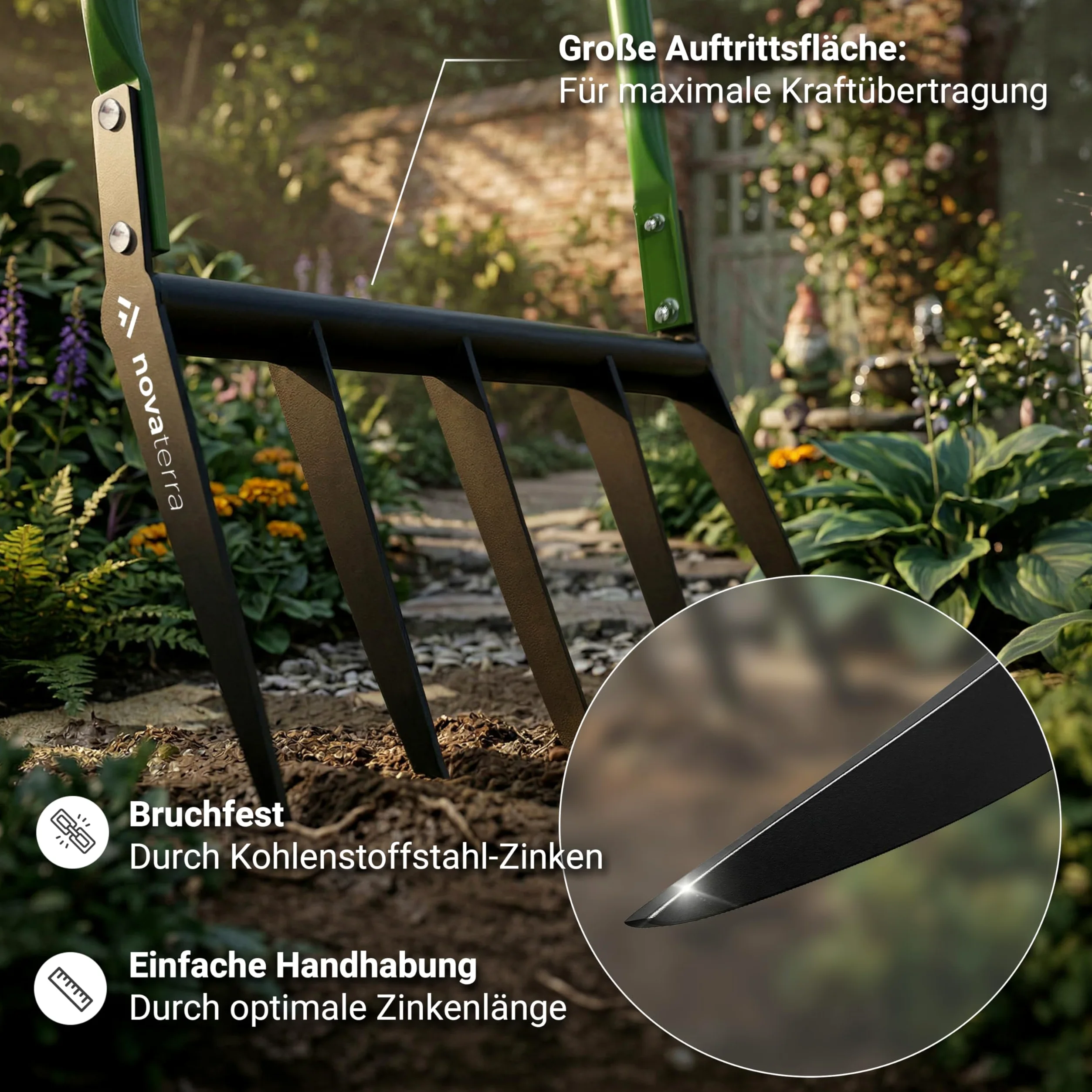 novaterra Horquilla premium con 5 púas – Horquilla ergonómica Broadfork – aflojamiento del suelo que protege la espalda y cavar eficientemente – Tenedor de jardín robusto para macizos de flores