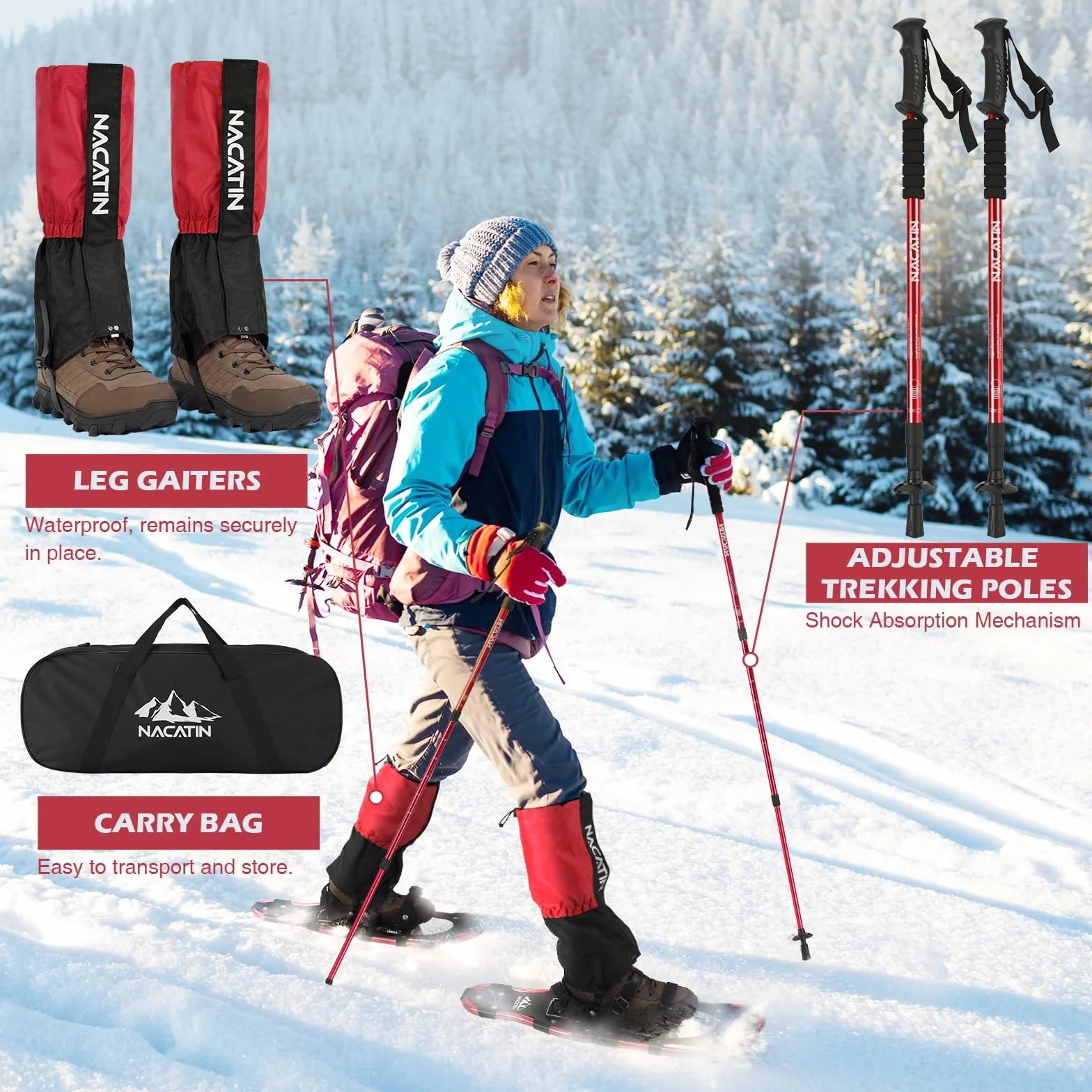Raquetas de Nieve 4 en 1 Aluminio Bastones Ajustables Polainas Impermeables Bolsa de Transporte 63cm Rojo