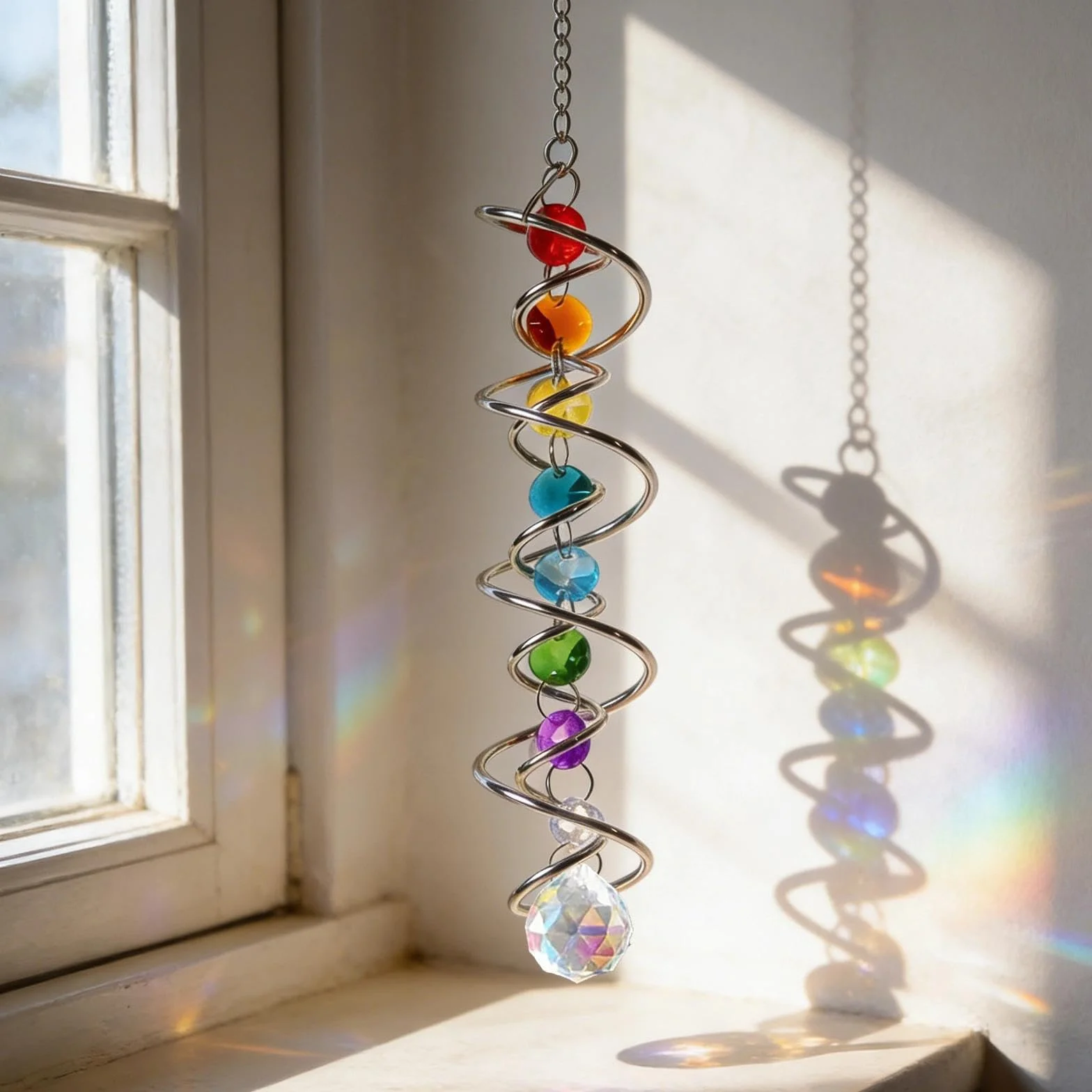 Atrapasoles Cristal con Doble Espiral, Atrapasol Suncatcher Colgante Campana de Viento Decorativa con Siete Perlas de Chakra y Bola de Cristal para Ventana Jardín Boda 45 CM