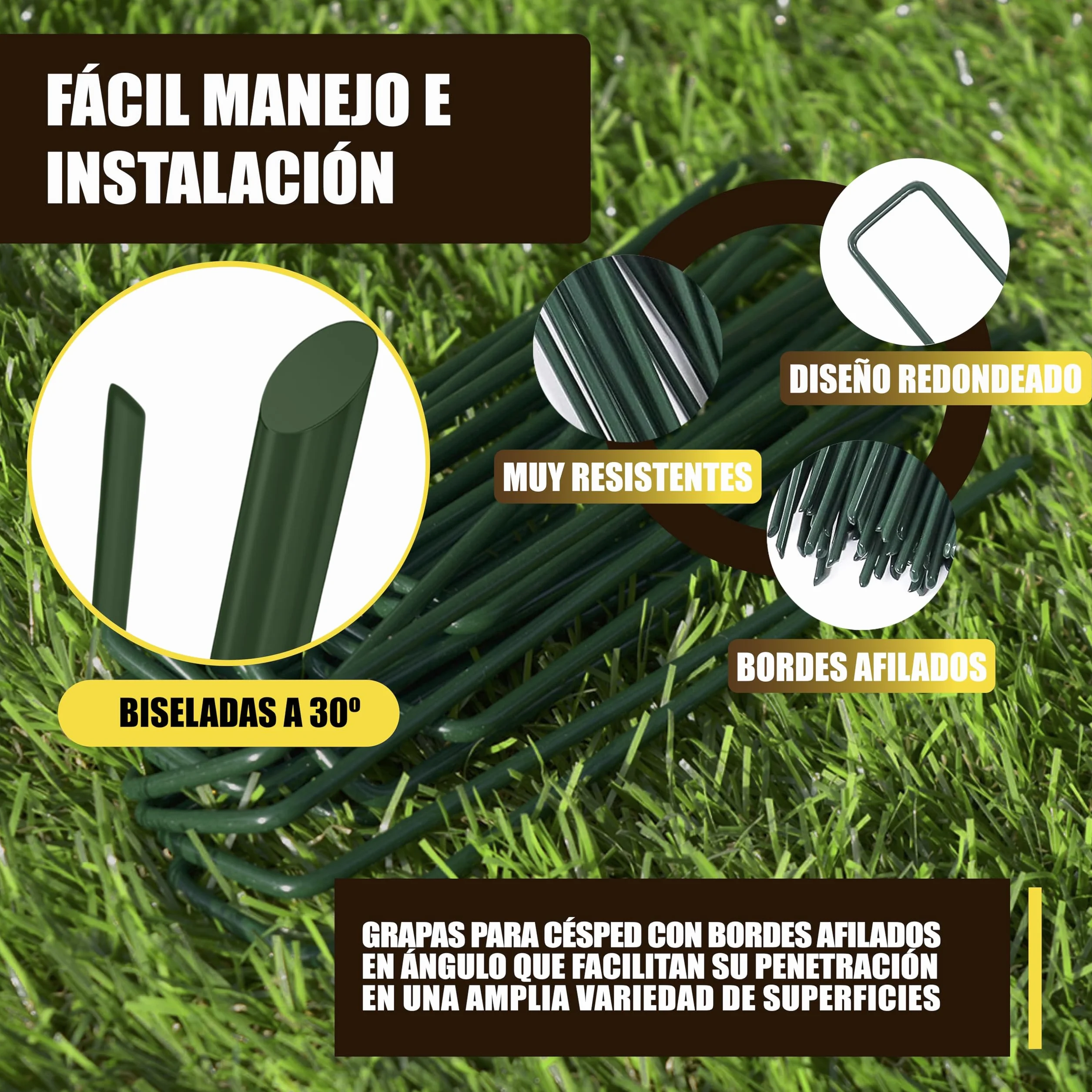 GREENGOF Grapas Verdes para Cesped Artificial, Malla Antihierba y Jardin, 100Unds - Acero Galvanizado, 15x4cm, Ø3mm - Ultra Resistentes y Anticorrosivas - Piquetas de Jardín, Anclaje al Suelo.