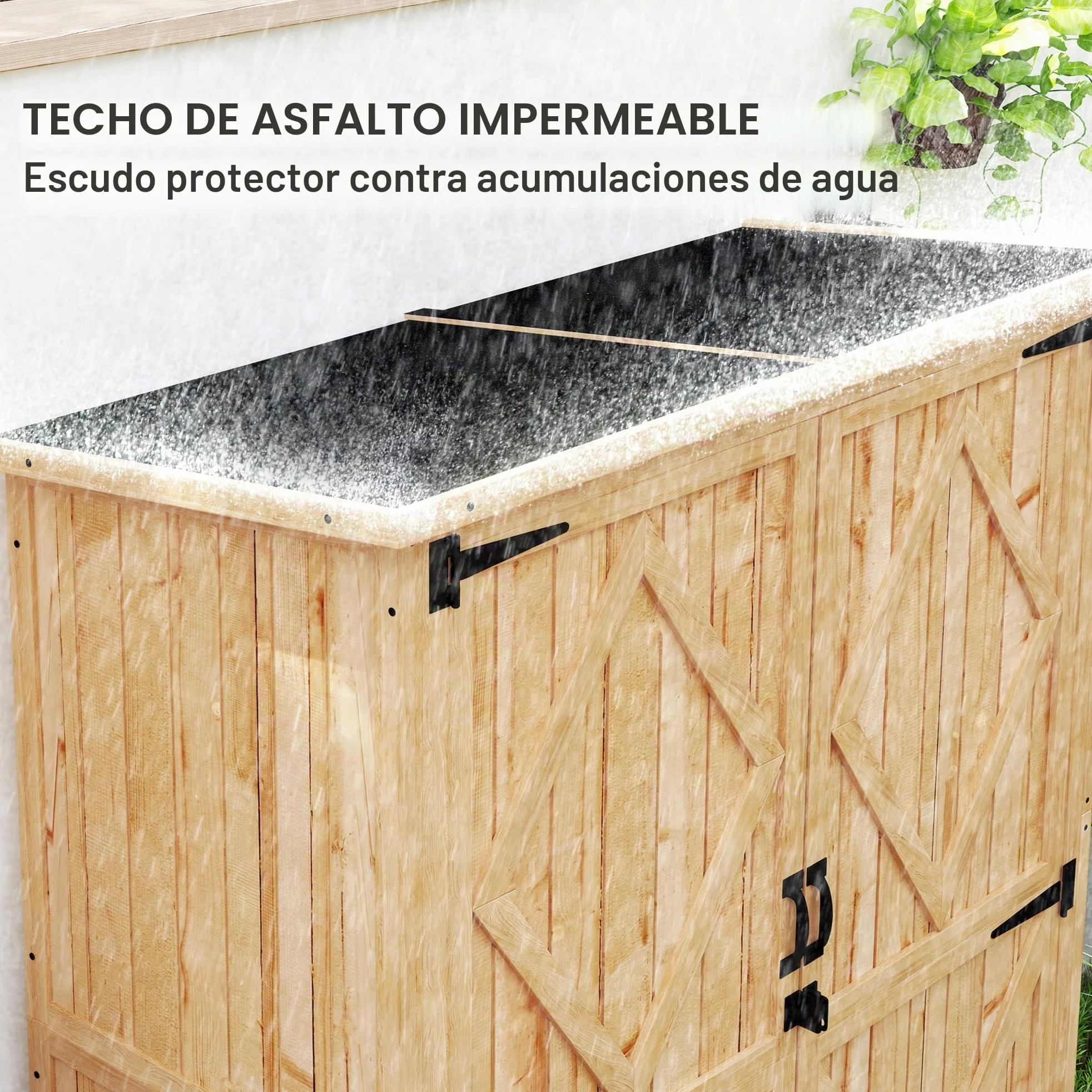 Outsunny Cobertizo jardín madera con armario y techo asfalto Natural | 2 estantes, para equipo de jardín, cobertizo de herramientas exterior, puertas dobles