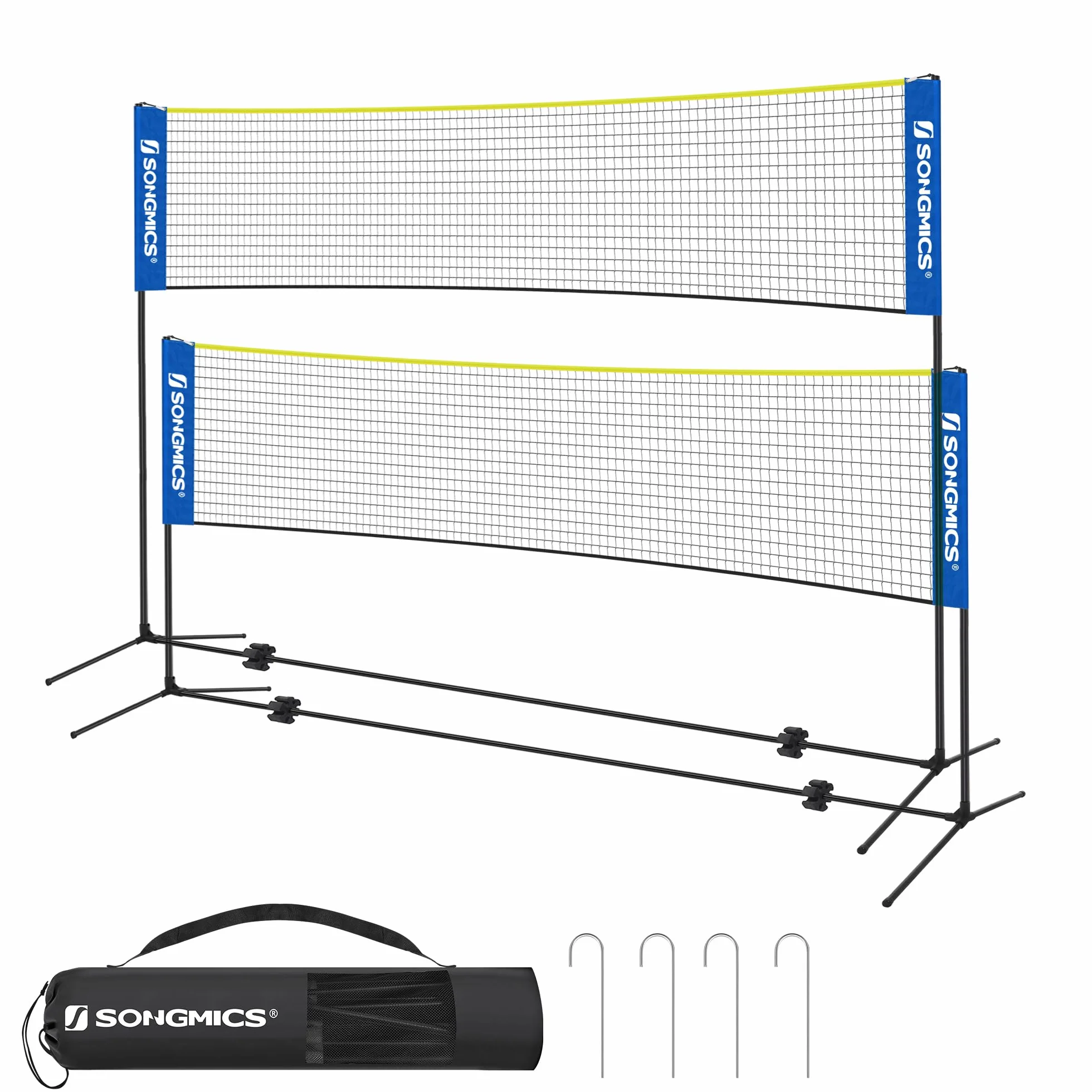 SONGMICS Red de Bádminton 4m, Voleibol, Poste Ajustable, Juego Portátil, Azul y Amarillo
