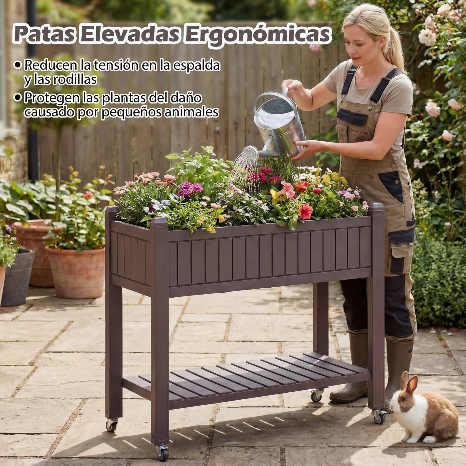 COSTWAY Huerto Urbano Elevado Mesa de Cultivo con Ruedas, Caja de Planta Divisible con Monitor de Agua, Orificio de Drenaje y Estante para Verduras y Hierbas, para Cultivo Plantas Flores Verduras